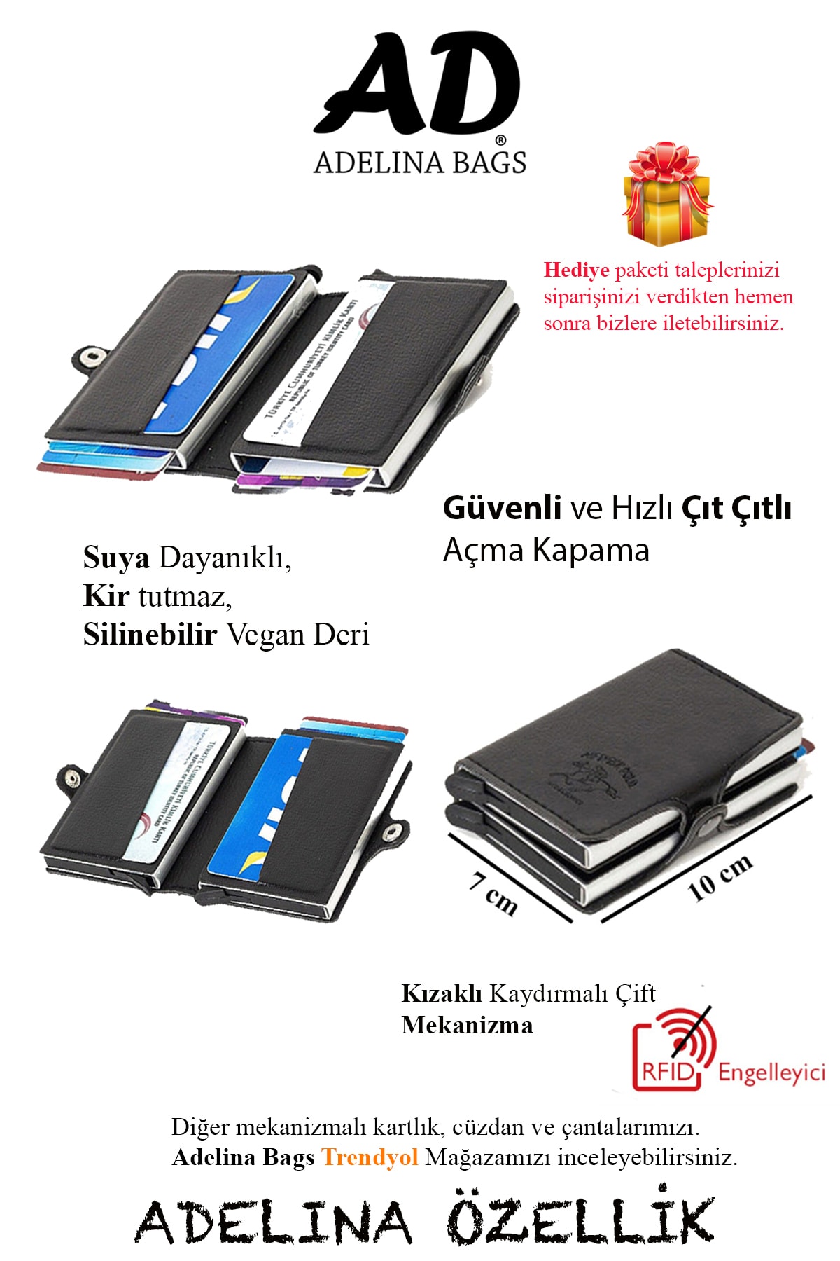 Newish  Adelina Orijinal Unisex Siyah Deri Çift Alüminyum Mekanizmalı Kartlık 7x10 Cm - Görsel 4