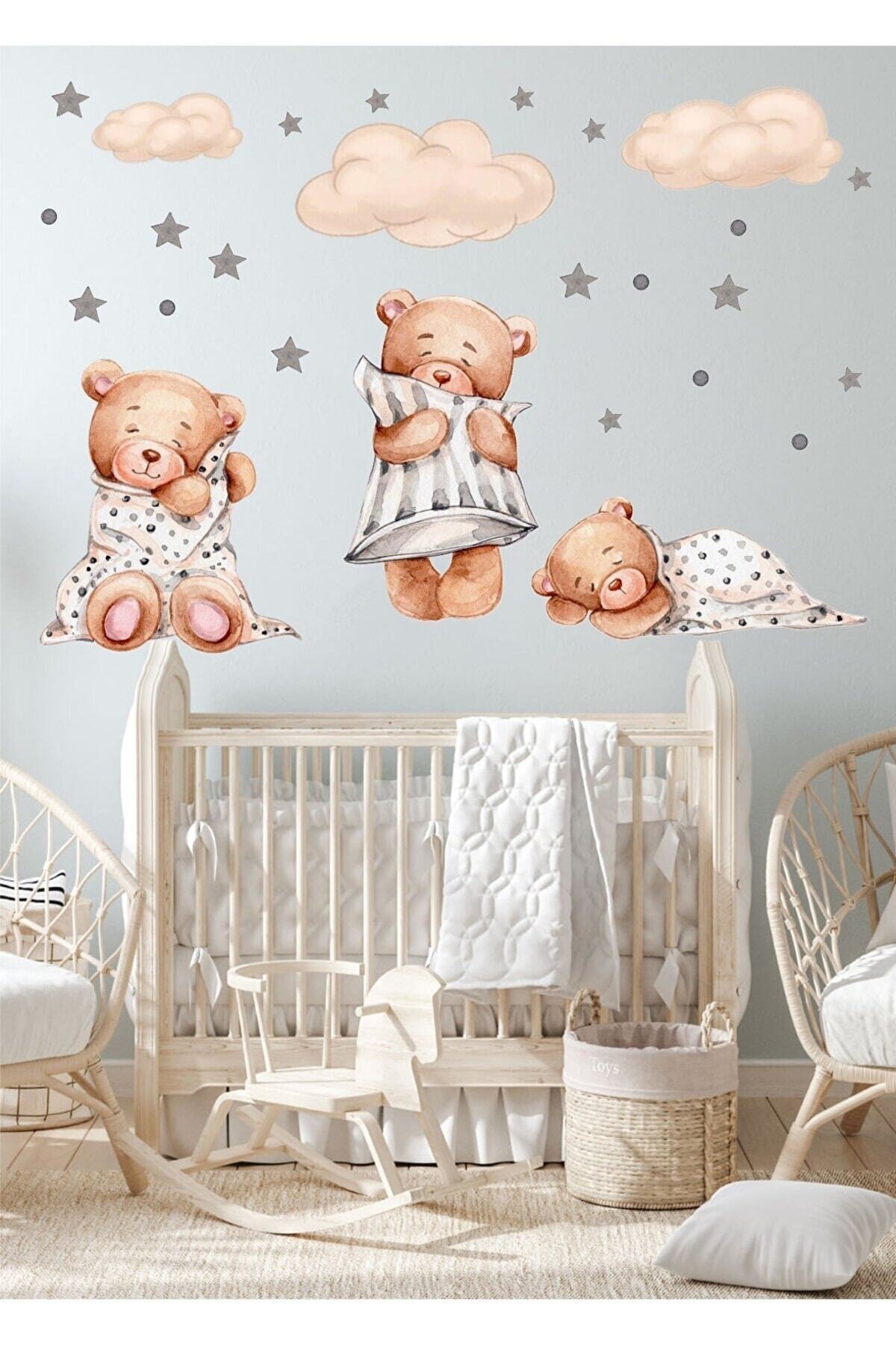 efekt reklam 3'lü Uyuyan Ayıcık Bulutlar Ve Yıldızlar Çocuk Bebek Odası Duvar Kağıdı Aksesuarları Süsü Sticker fotoğrafı 2 (önizleme)