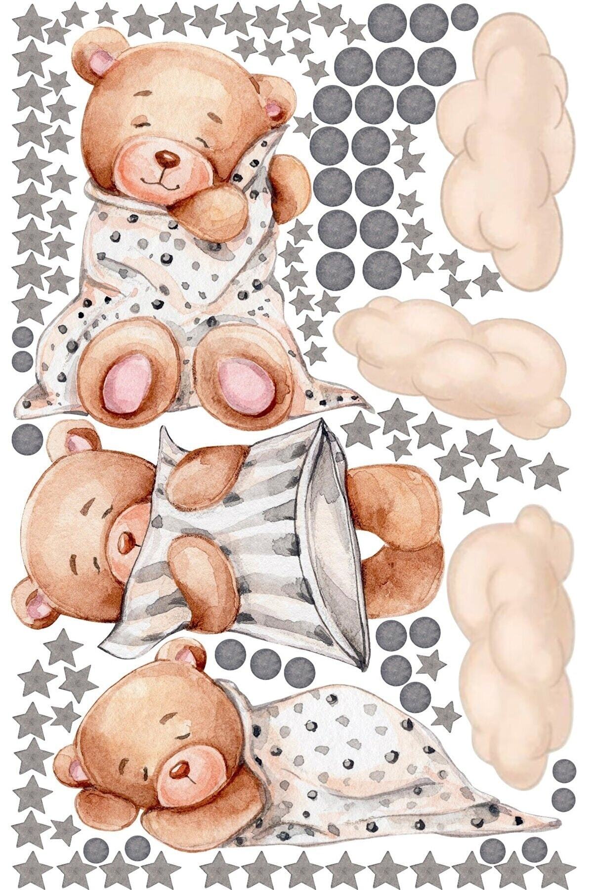 efekt reklam 3'lü Uyuyan Ayıcık Bulutlar Ve Yıldızlar Çocuk Bebek Odası Duvar Kağıdı Aksesuarları Süsü Sticker fotoğrafı 3 (önizleme)