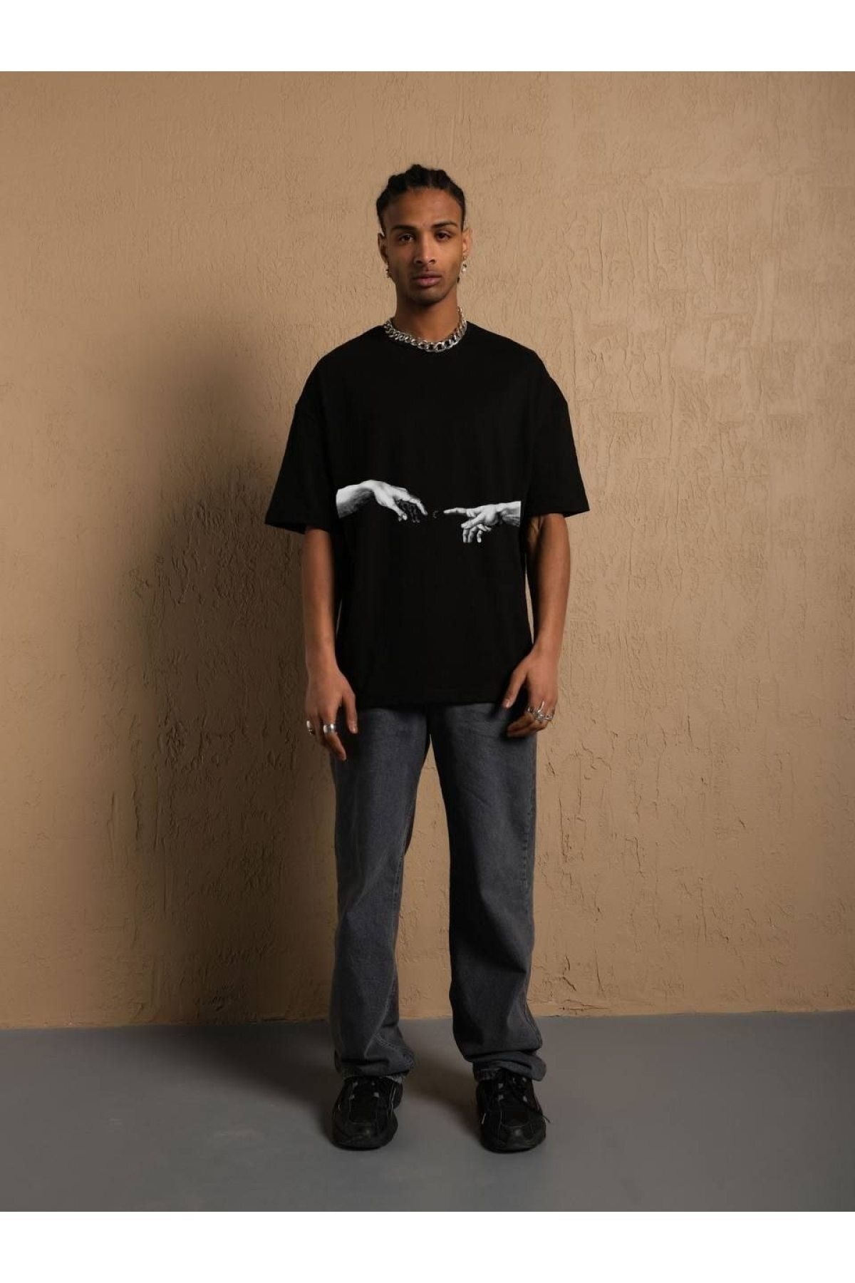 El Baskılı Oversize %100 Pamuk Unisex Siyah T-shirt
