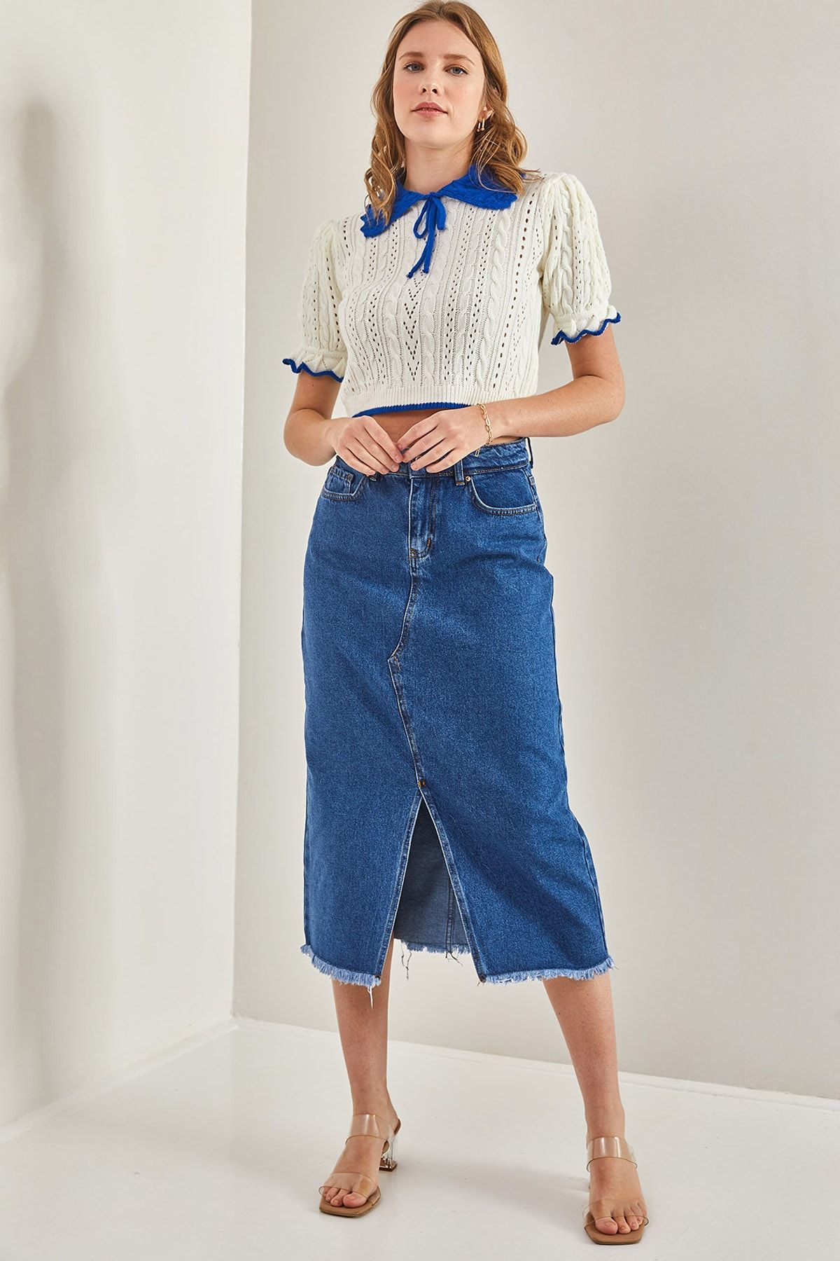 Pencil cut hot sale skirt denim