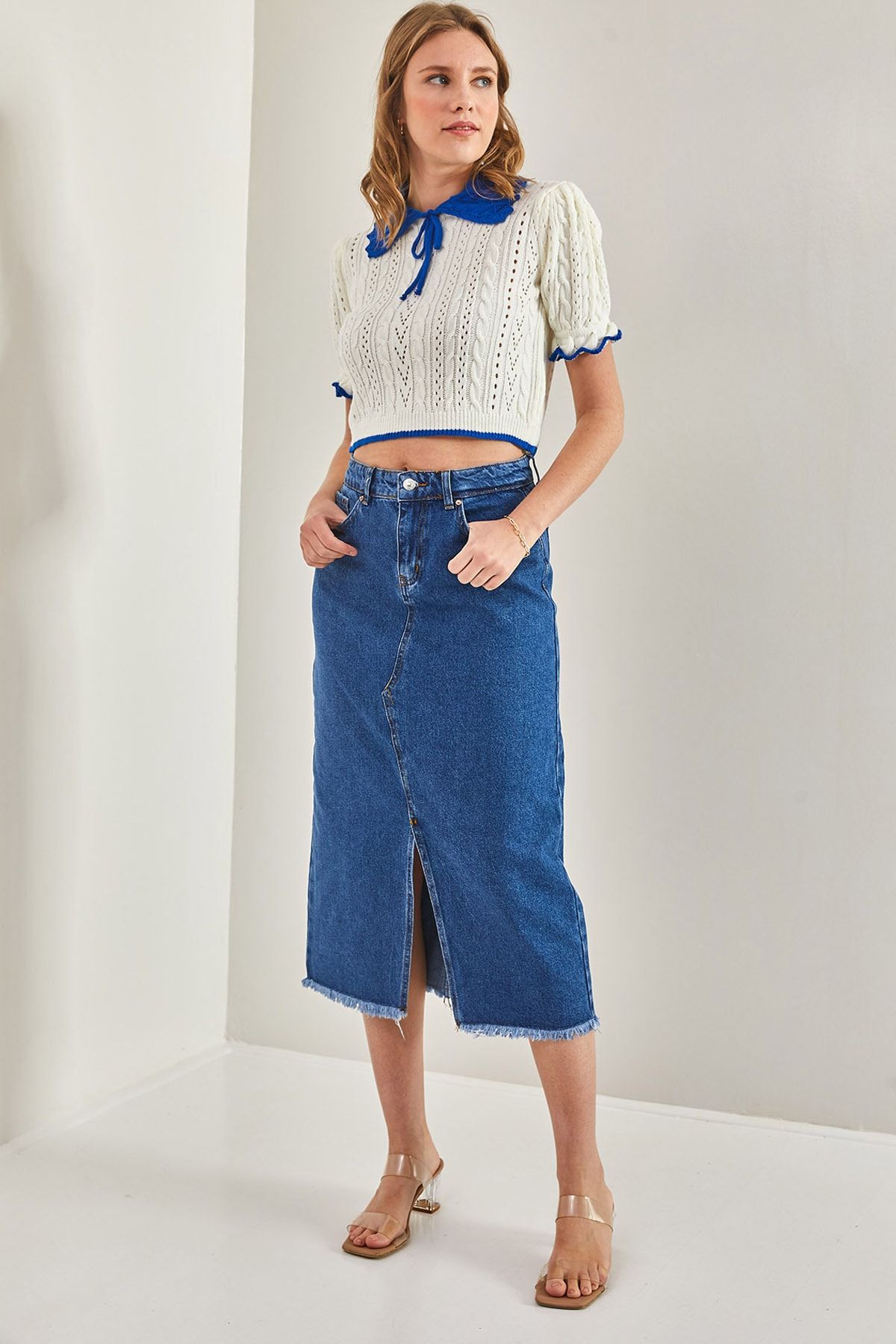 Bianco Lucci Women s Laser Cut Slit Denim Skirt Trendyol