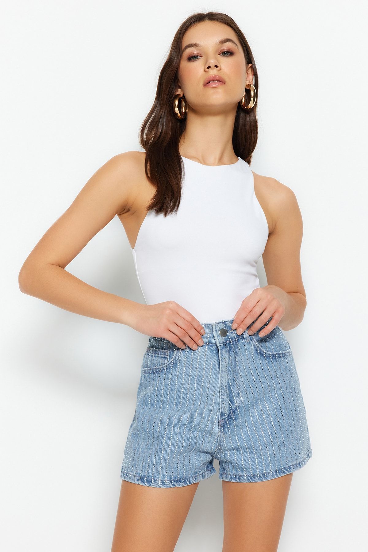 Trendyol Collection-Blue Stone High Waist Mini Denim Shorts Twoss23Sr00191 2