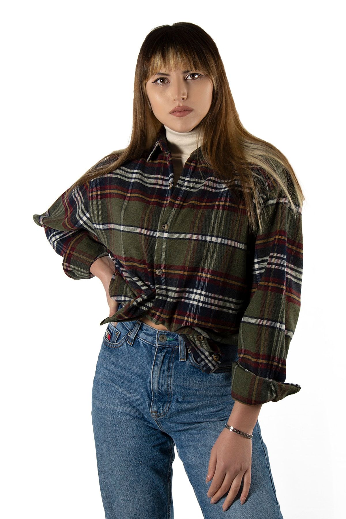 VEAVEN-Women's Khaki-Burgundy Oversize Shirt Collar Lumberjack Plaid Shirt 4
