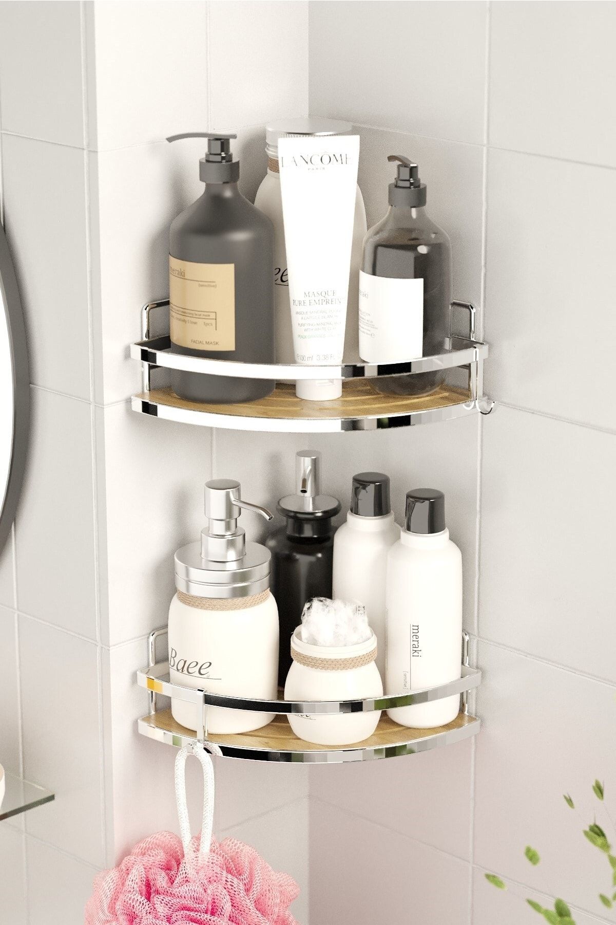 Teknotel Yapışkanlı Kancalı 2 Adet Banyo Köşe Rafı Krom St273h