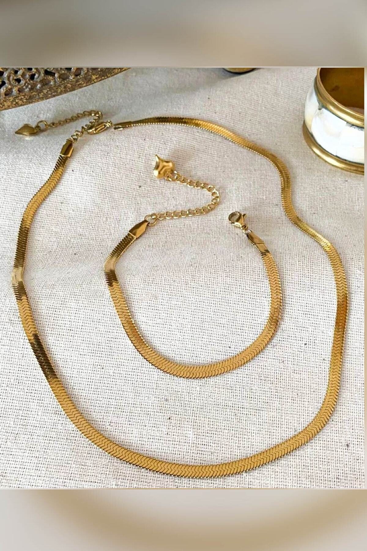 Ezme Italyan Gold Çelik Kolye Ve Bileklik Seti 2