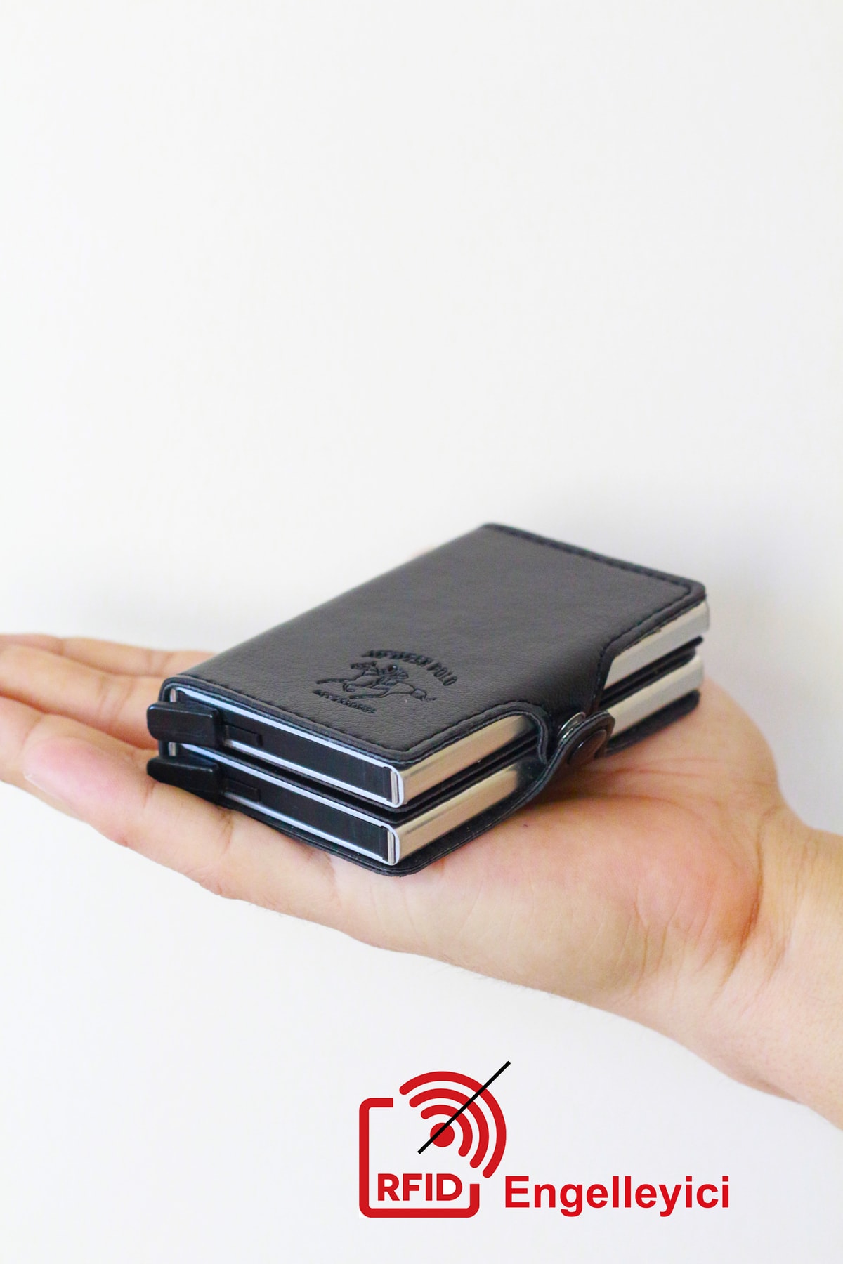 Newish  Adelina Orijinal Unisex Siyah Deri Çift Alüminyum Mekanizmalı Kartlık 7x10 Cm - Görsel 3