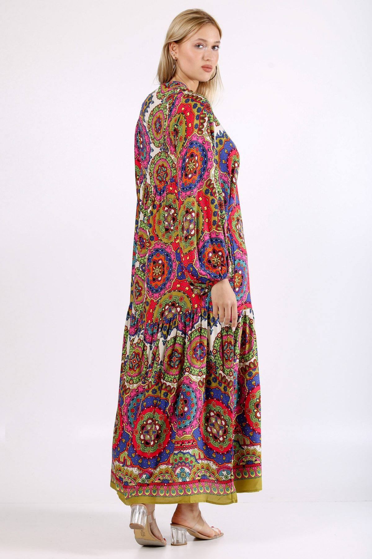 Chiccy-Pink-orange Round Neck Long Sleeve Patterned Allover Printed Woven Oversize Dress 2