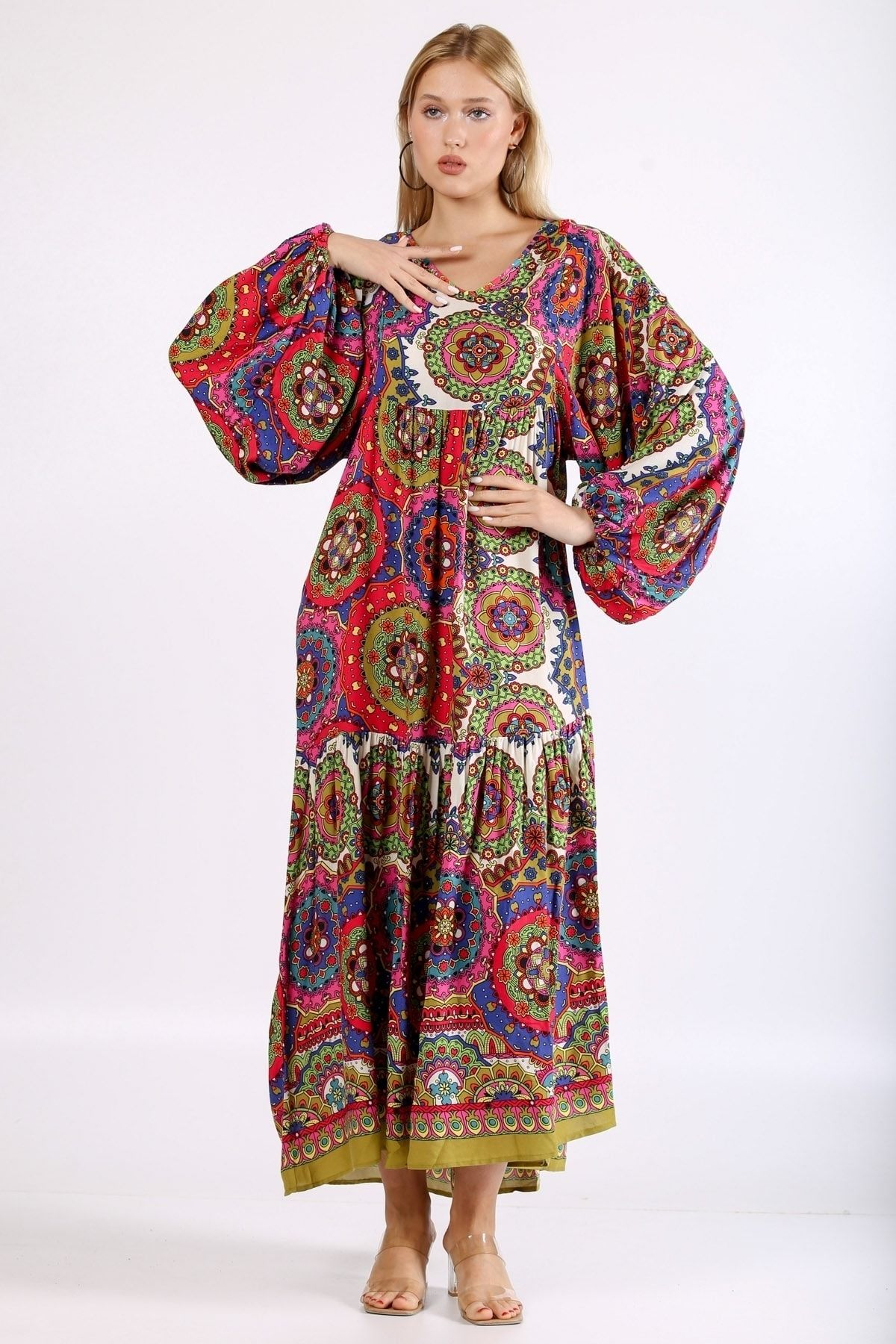 Chiccy-Pink-orange Round Neck Long Sleeve Patterned Allover Printed Woven Oversize Dress 3