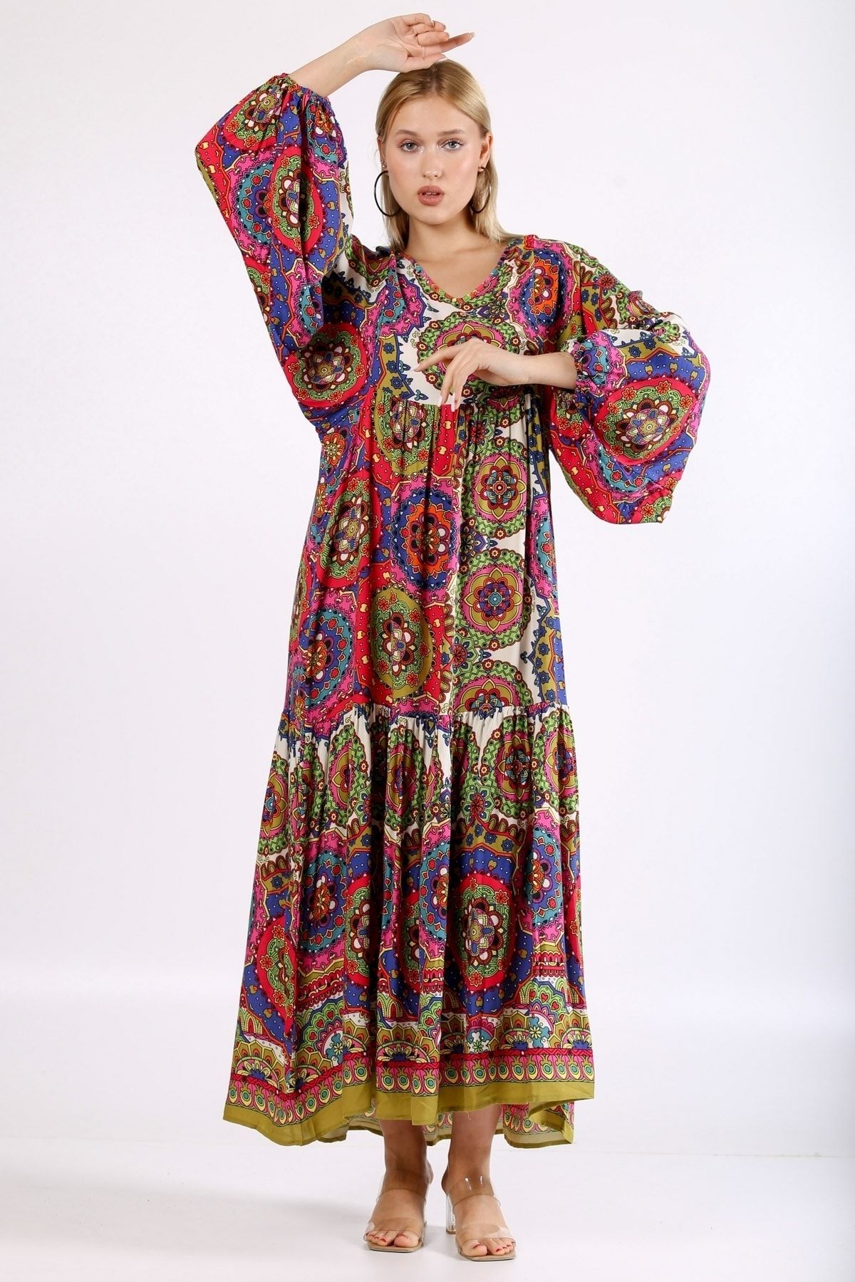 Chiccy-Pink-orange Round Neck Long Sleeve Patterned Allover Printed Woven Oversize Dress 4