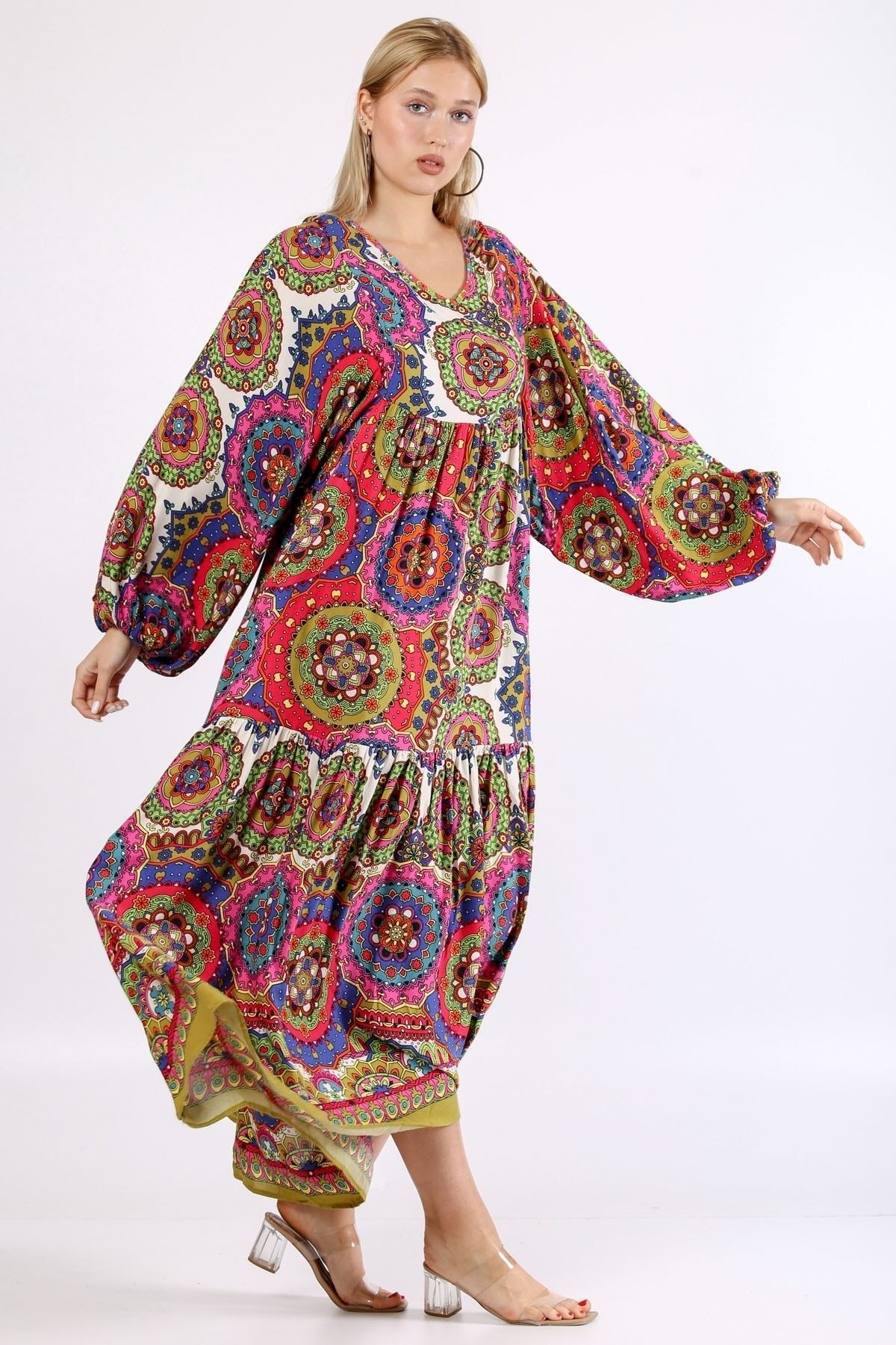 Chiccy-Pink-orange Round Neck Long Sleeve Patterned Allover Printed Woven Oversize Dress 5