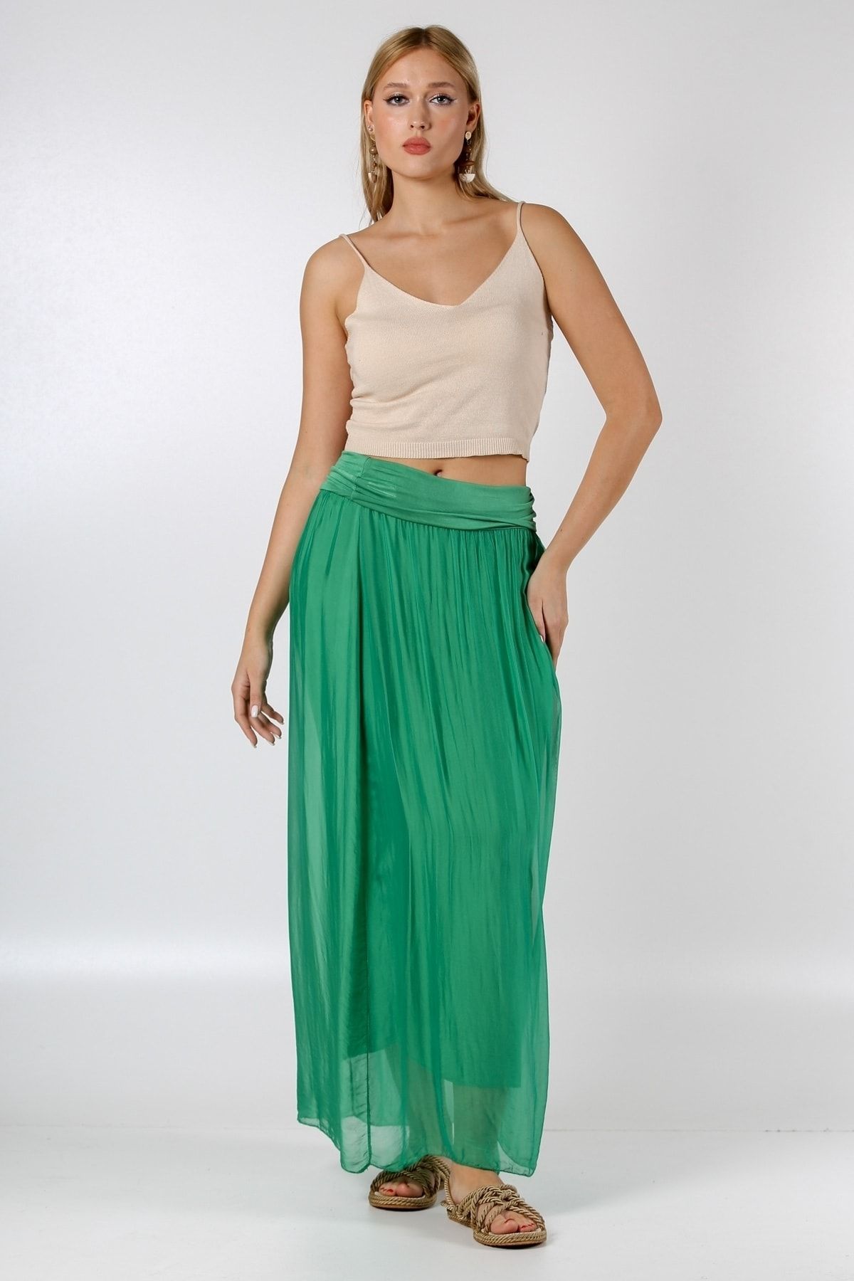 Chiffon pleated clearance maxi skirt green