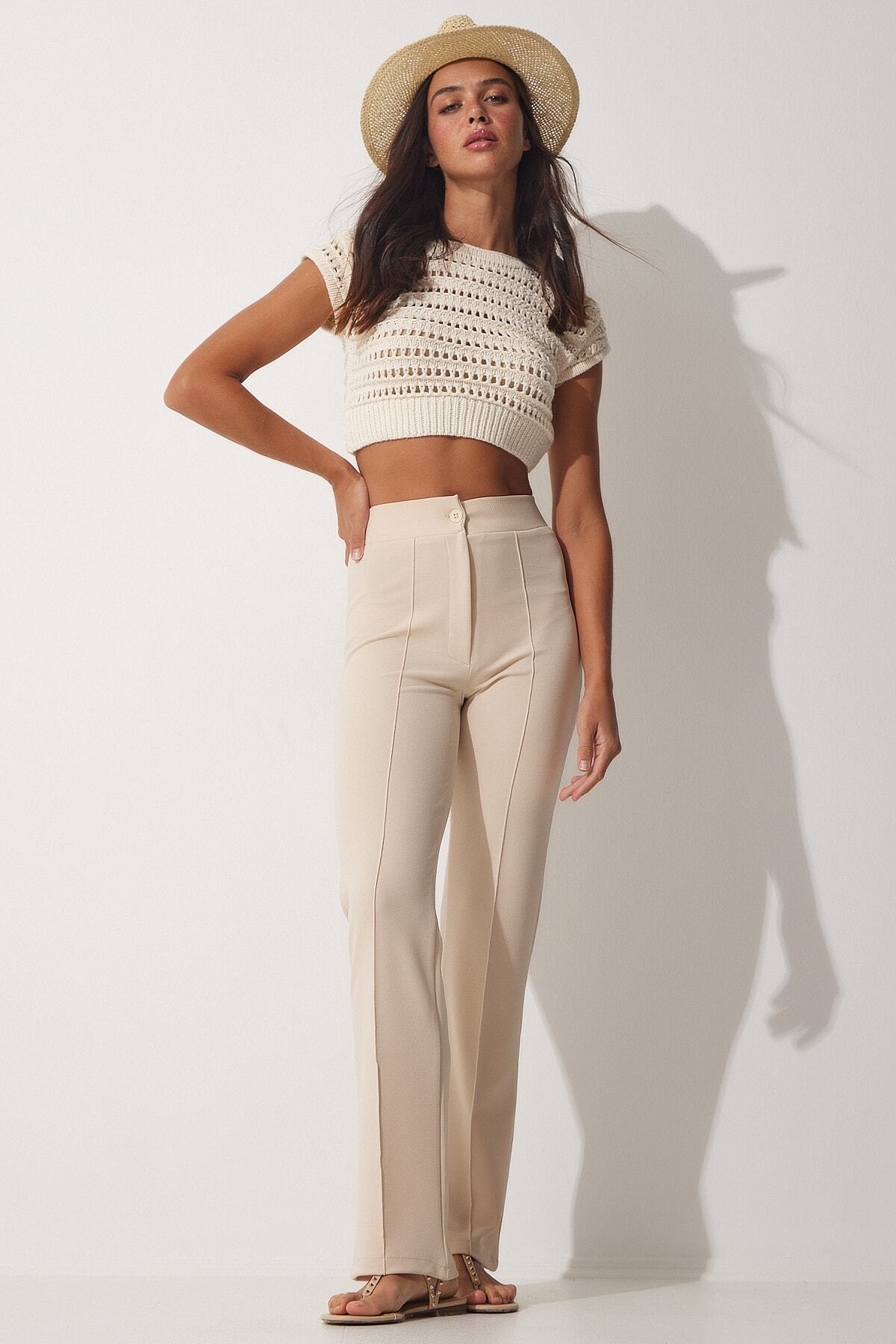 Happiness İstanbul-Cremefarbene, bequeme Strickhose aus Lycra mit hoher Taille für Damen RV00090 4
