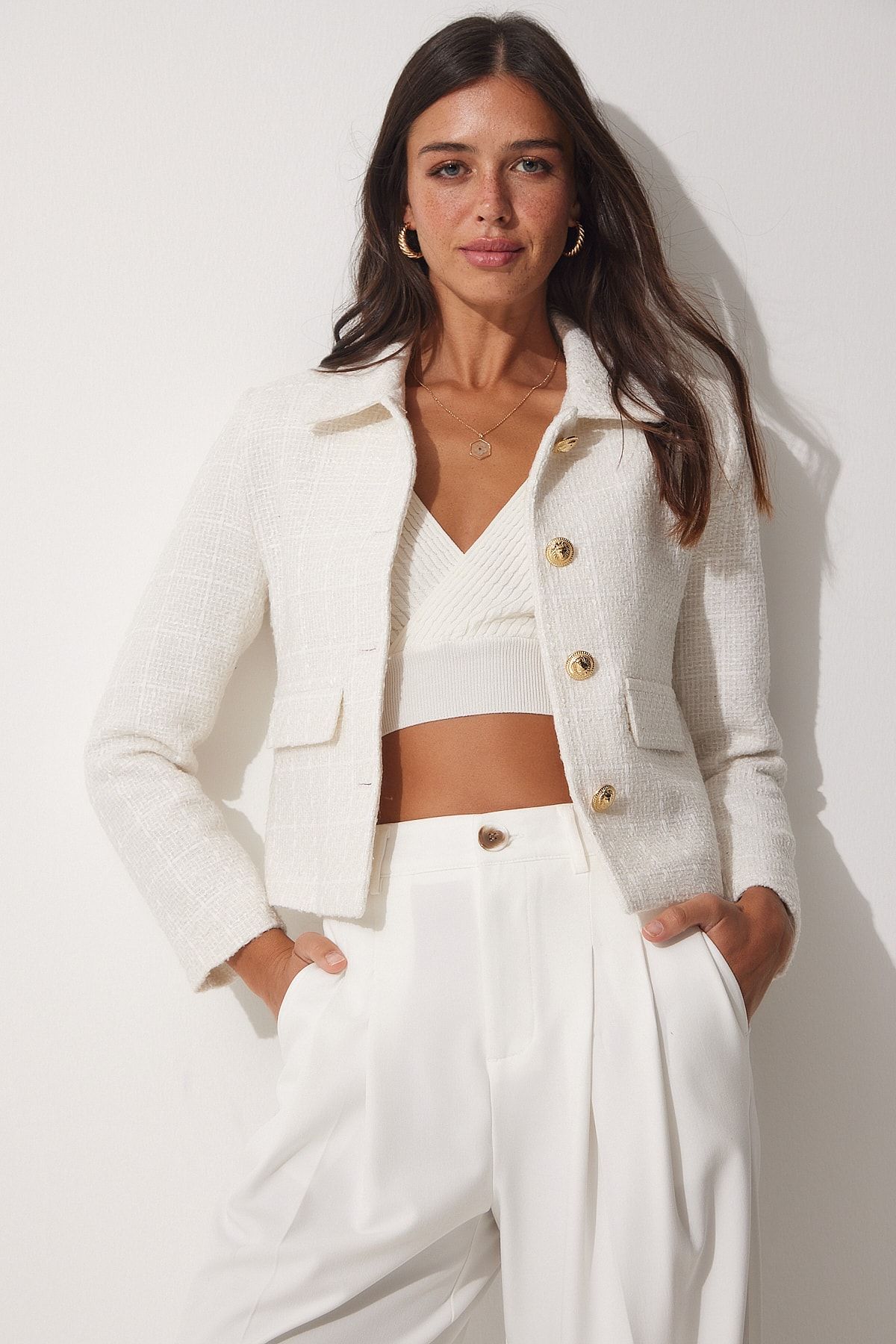 Happiness İstanbul-Ecrufarbene Dore-Tweed-Webjacke für Damen mit Knöpfen WF00021 1