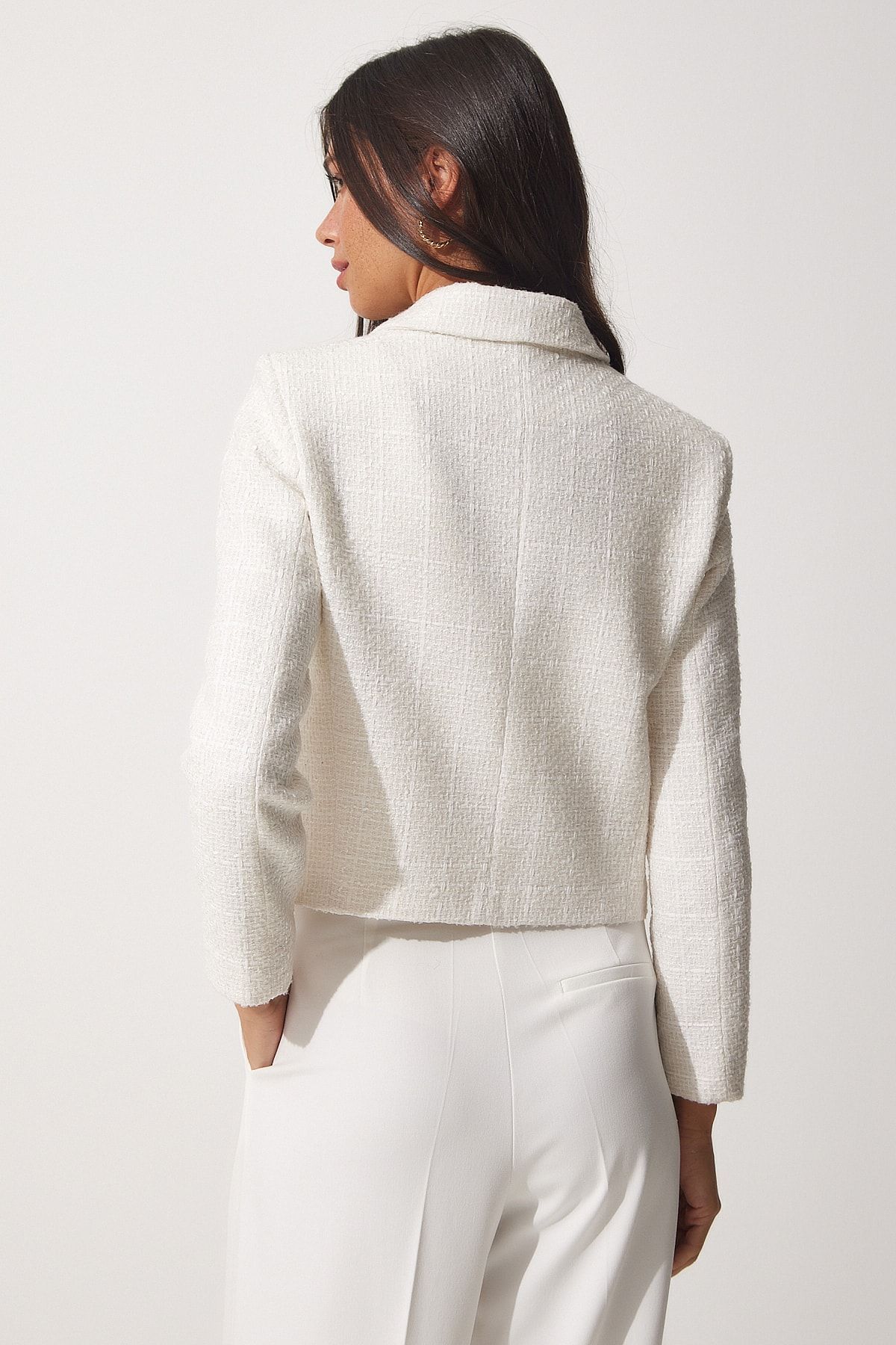 Happiness İstanbul-Ecrufarbene Dore-Tweed-Webjacke für Damen mit Knöpfen WF00021 6