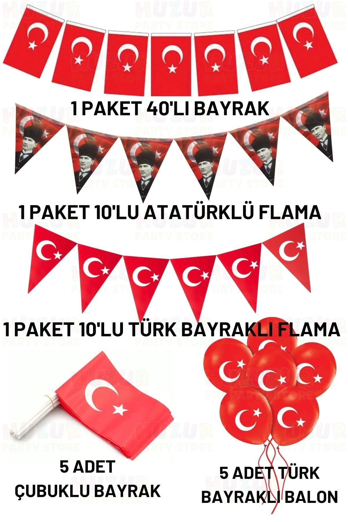 Huzur Party Store Milli Bayram Süsleme Paketi Atatürk Flama Türk Bayraklı Balon Çubuklu Bayrak 23 Nisan 29 Ekim Süsü