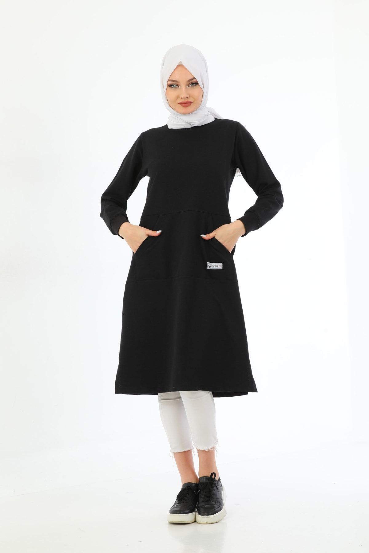 Elif Okur-Regenerated Hijab Pocket Long Tunic 110cm Black 4100 4