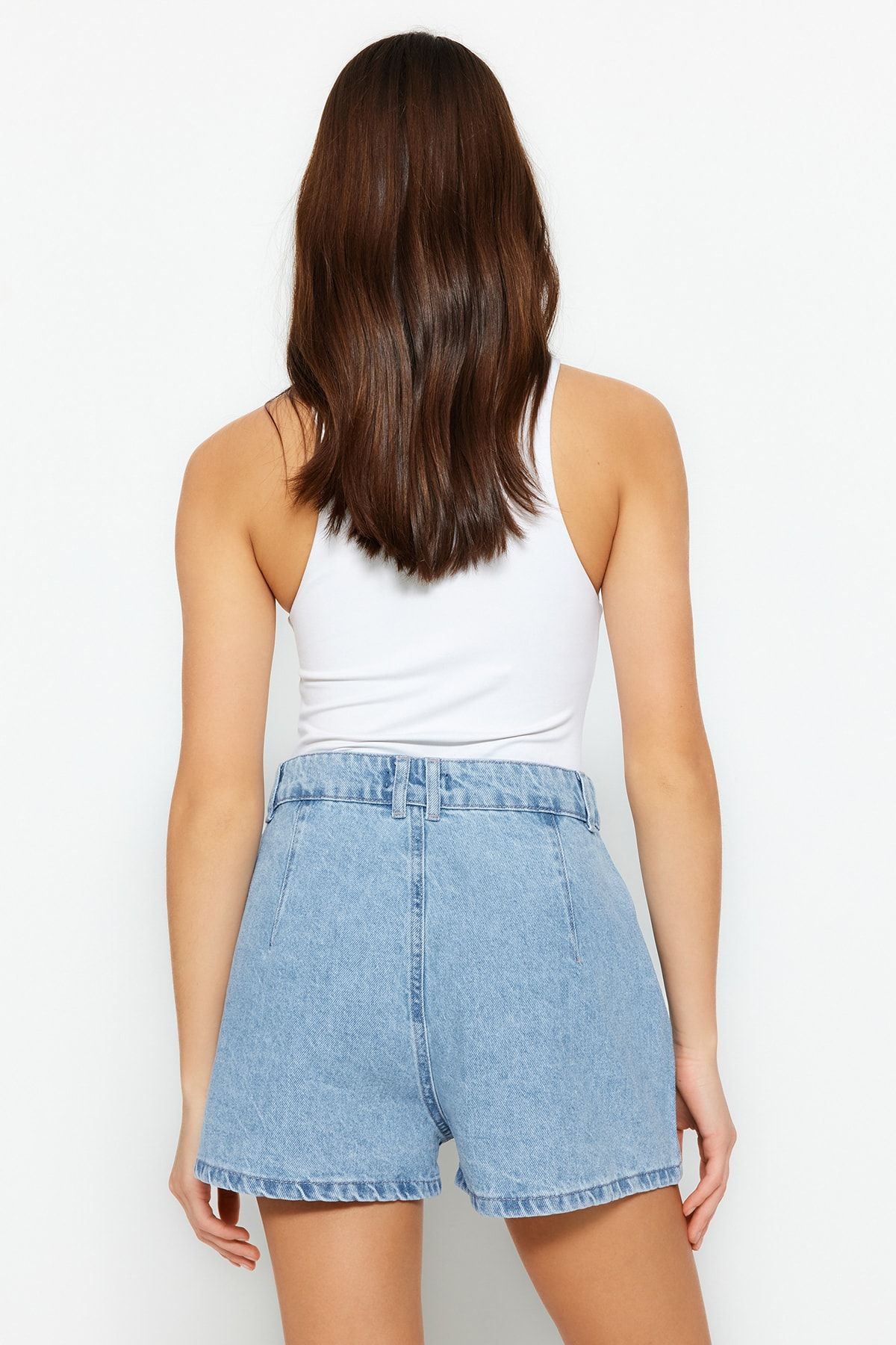 Trendyol Collection-Blue Stone High Waist Mini Denim Shorts Twoss23Sr00191 4