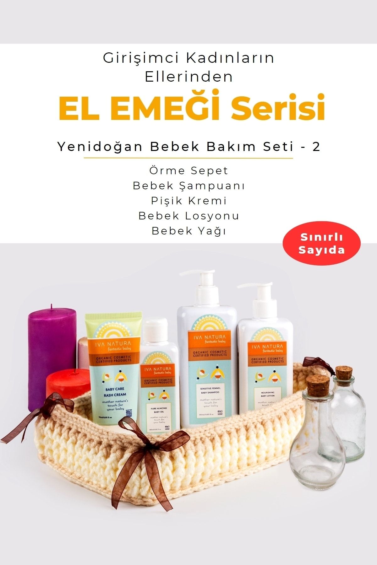 El Emeği Serisi Yenidoğan Bebek Bakım Seti Örme Sepet Şampuan Yağ Losyon Pişik Kremi