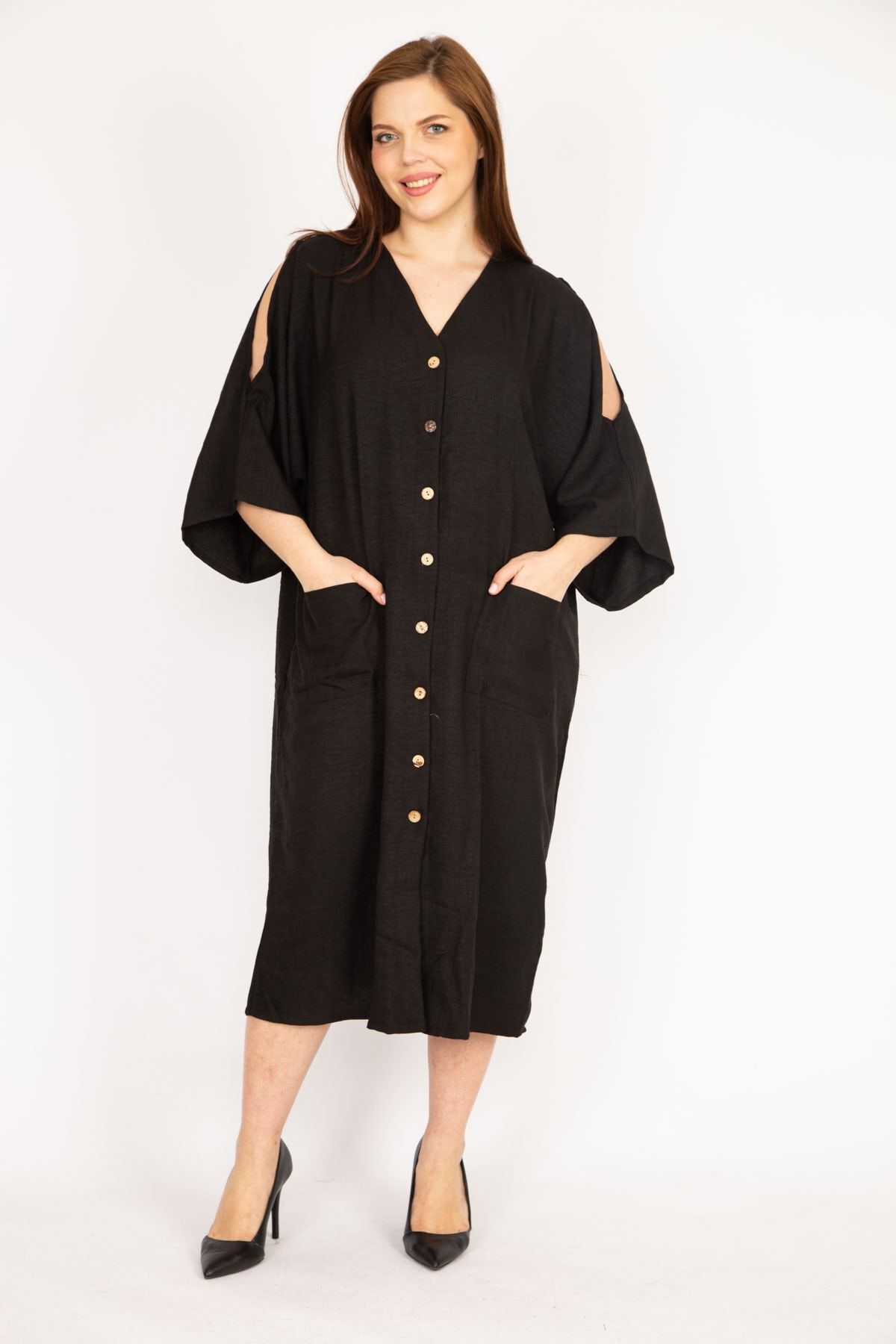 ans Women s Black Plus Size Off the Shoulder Front Buttoned Dress