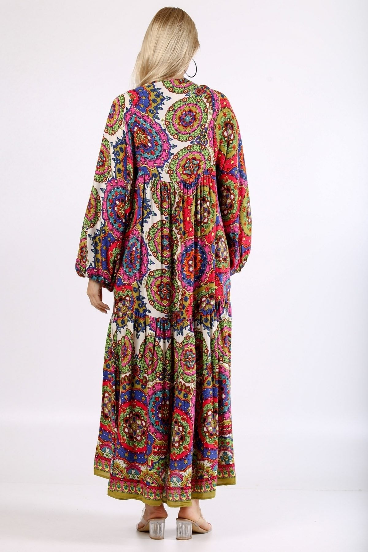 Chiccy-Pink-orange Round Neck Long Sleeve Patterned Allover Printed Woven Oversize Dress 6