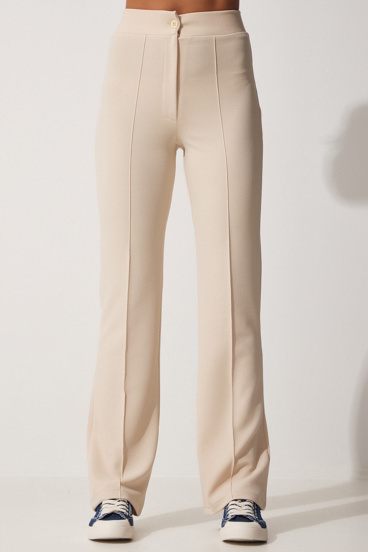 Happiness İstanbul-Cremefarbene, bequeme Strickhose aus Lycra mit hoher Taille für Damen RV00090 5