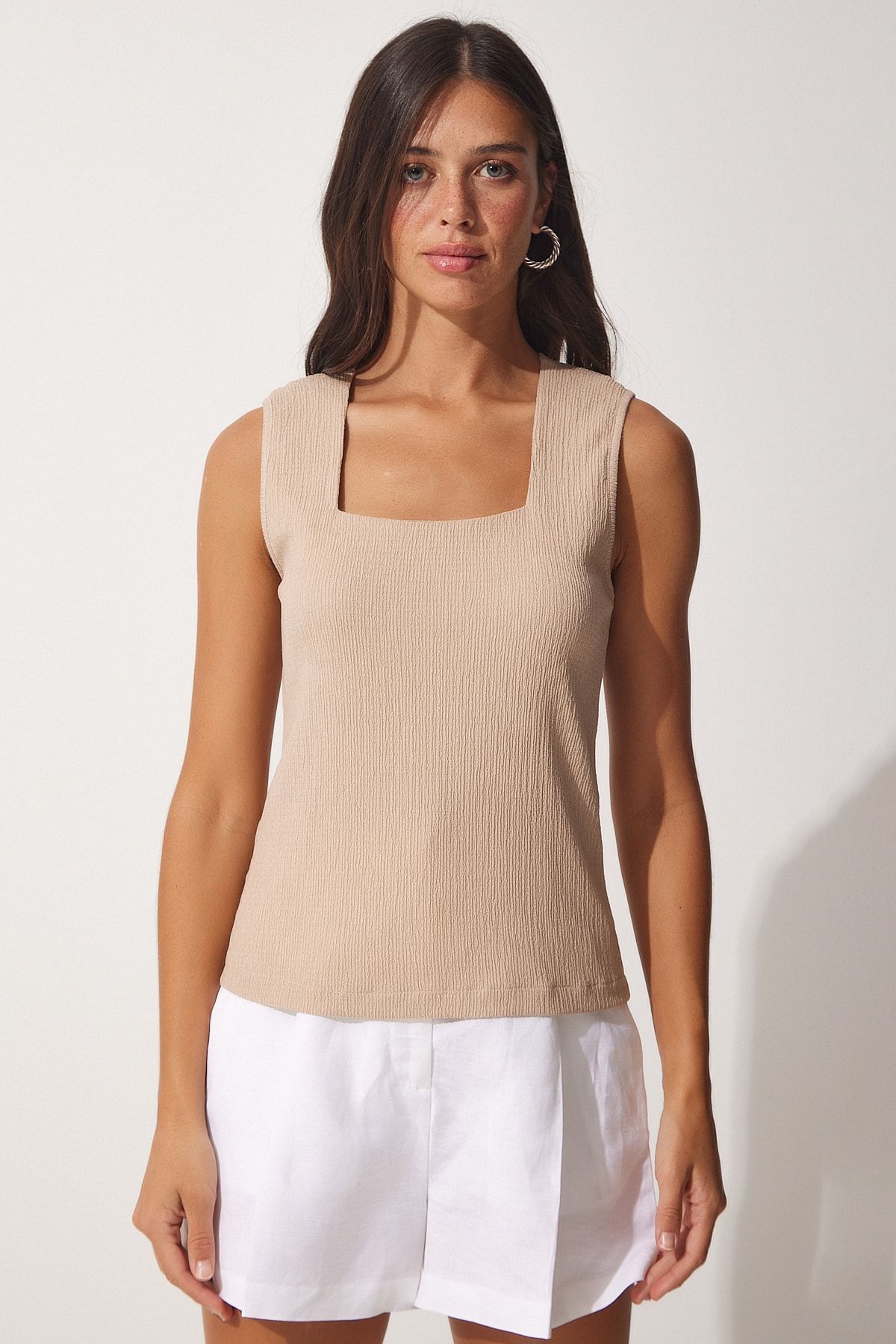Happiness İstanbul-Damen-Strickbluse mit quadratischem Kragen in Beige, DD01200 5