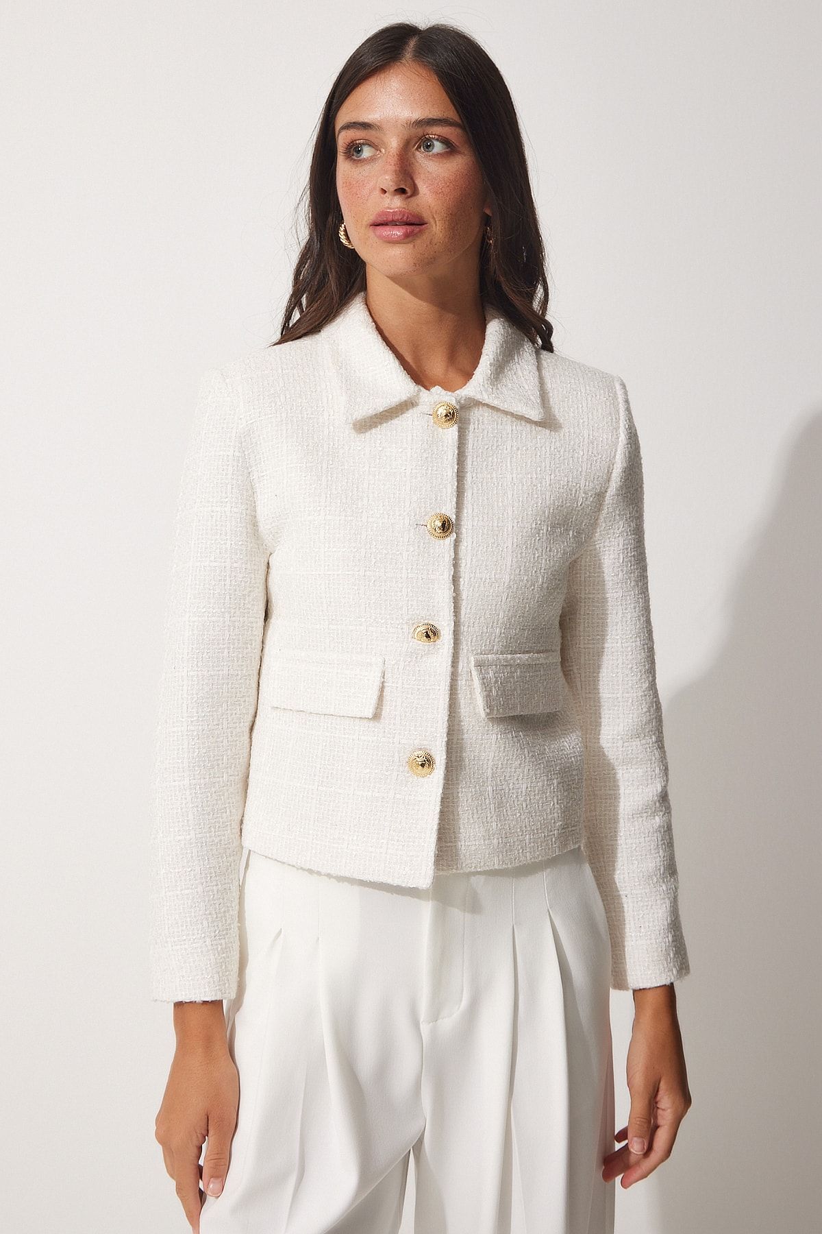 Happiness İstanbul-Ecrufarbene Dore-Tweed-Webjacke für Damen mit Knöpfen WF00021 5