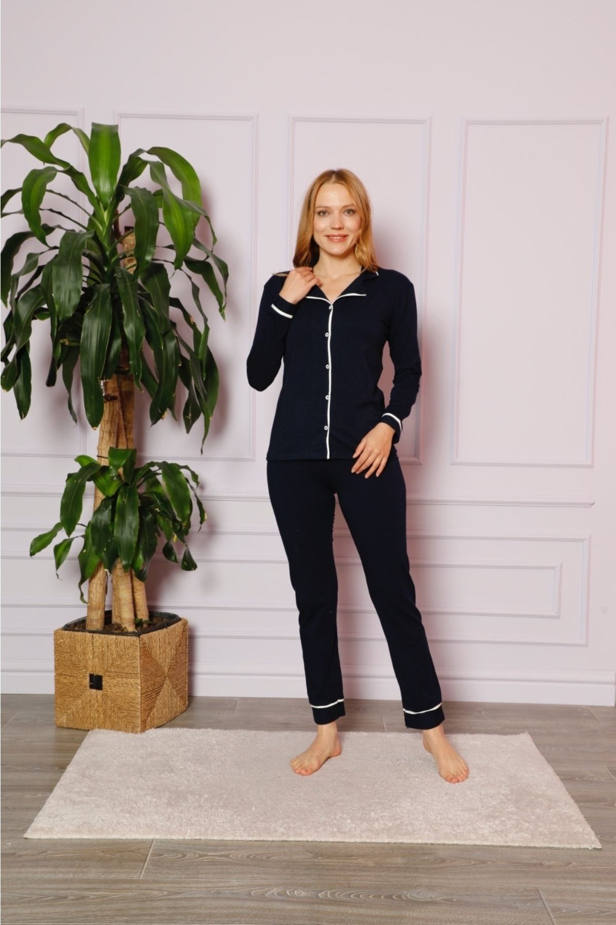 Huq Moda Set De Pijamale Pentru Femei Din Lycra Din Bumbac Bleumarin - Cu Nervuri Femeie - M