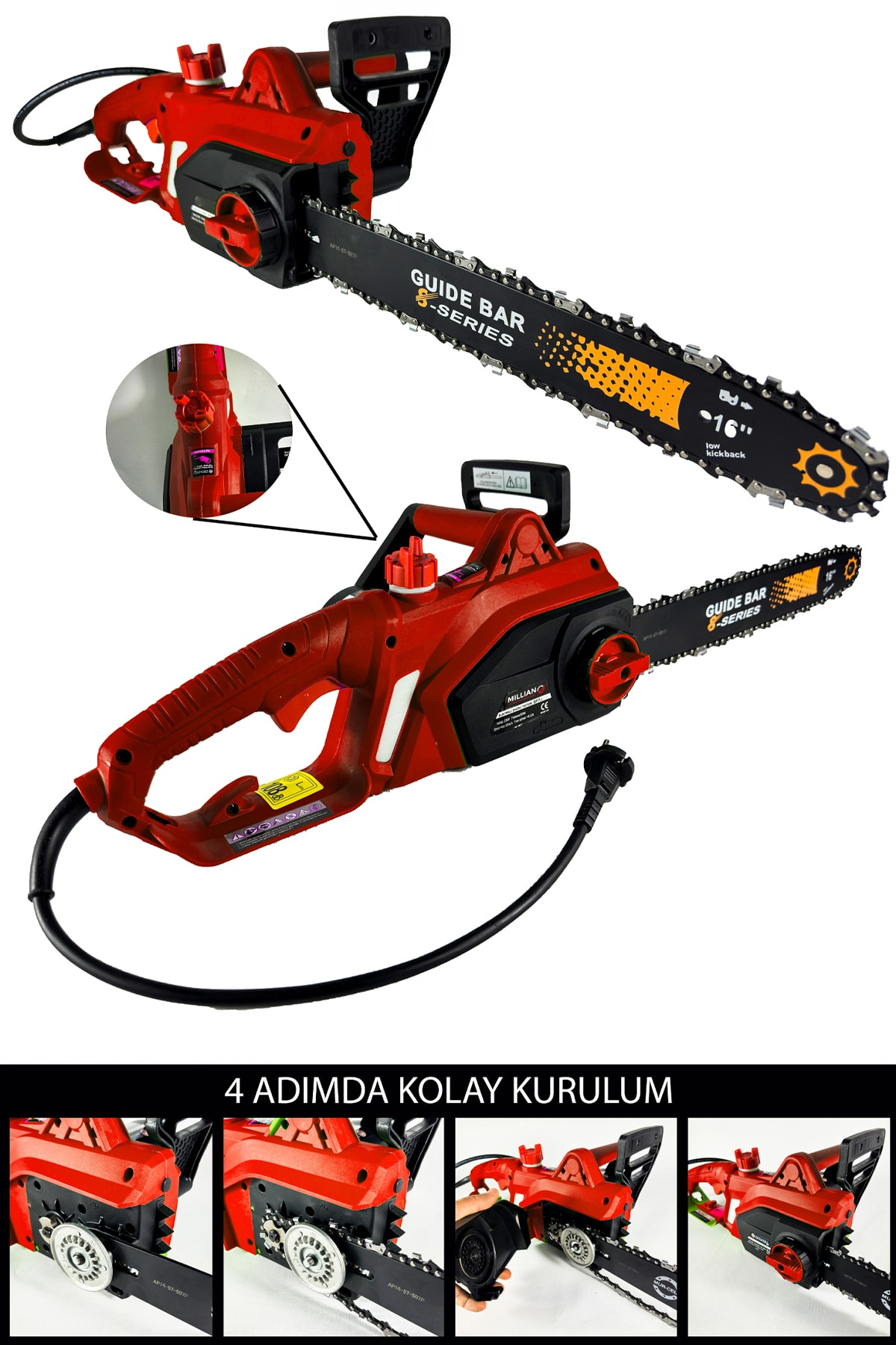 Millian Profesyonel 4200 W Elektrikli Hızar Ağaç Odun Kesme Budama Bıçkı Testeresi Zincirli 40 Cm Pala Red