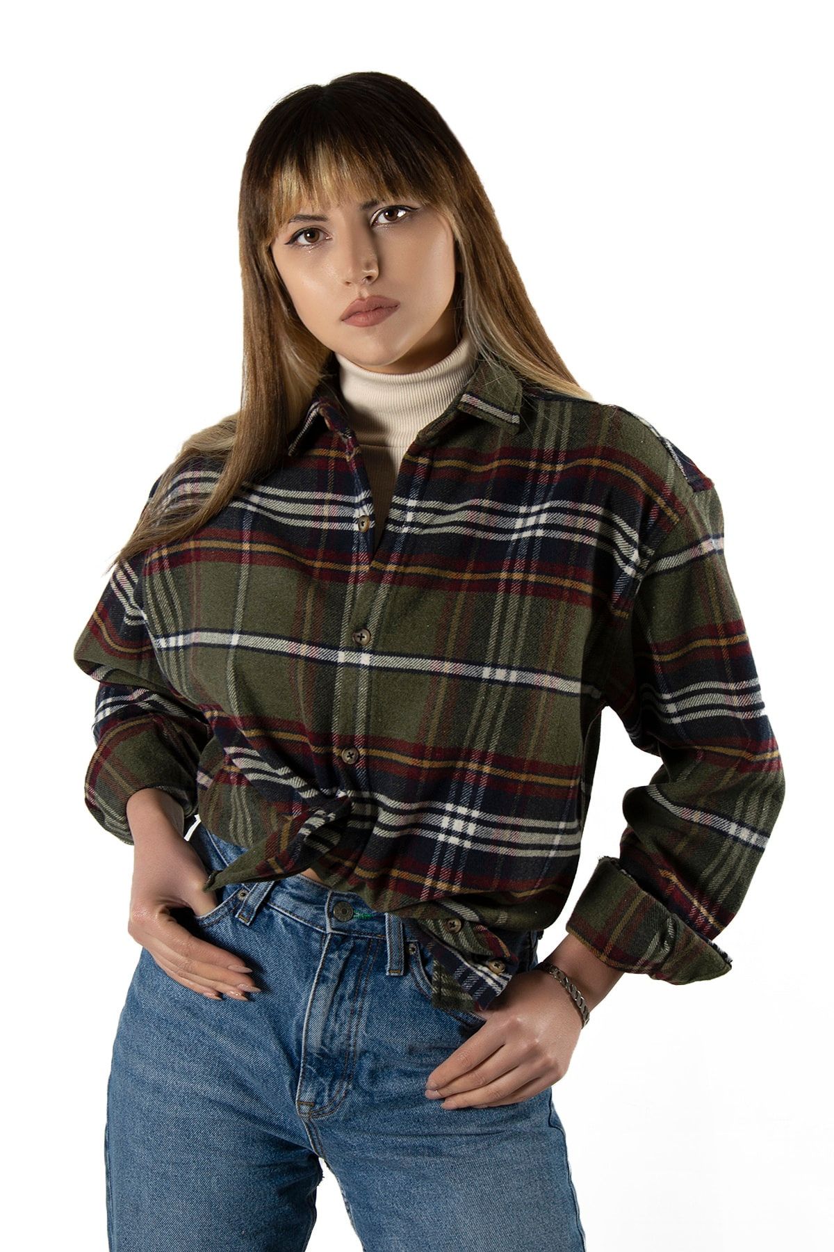 VEAVEN-Women's Khaki-Burgundy Oversize Shirt Collar Lumberjack Plaid Shirt 3