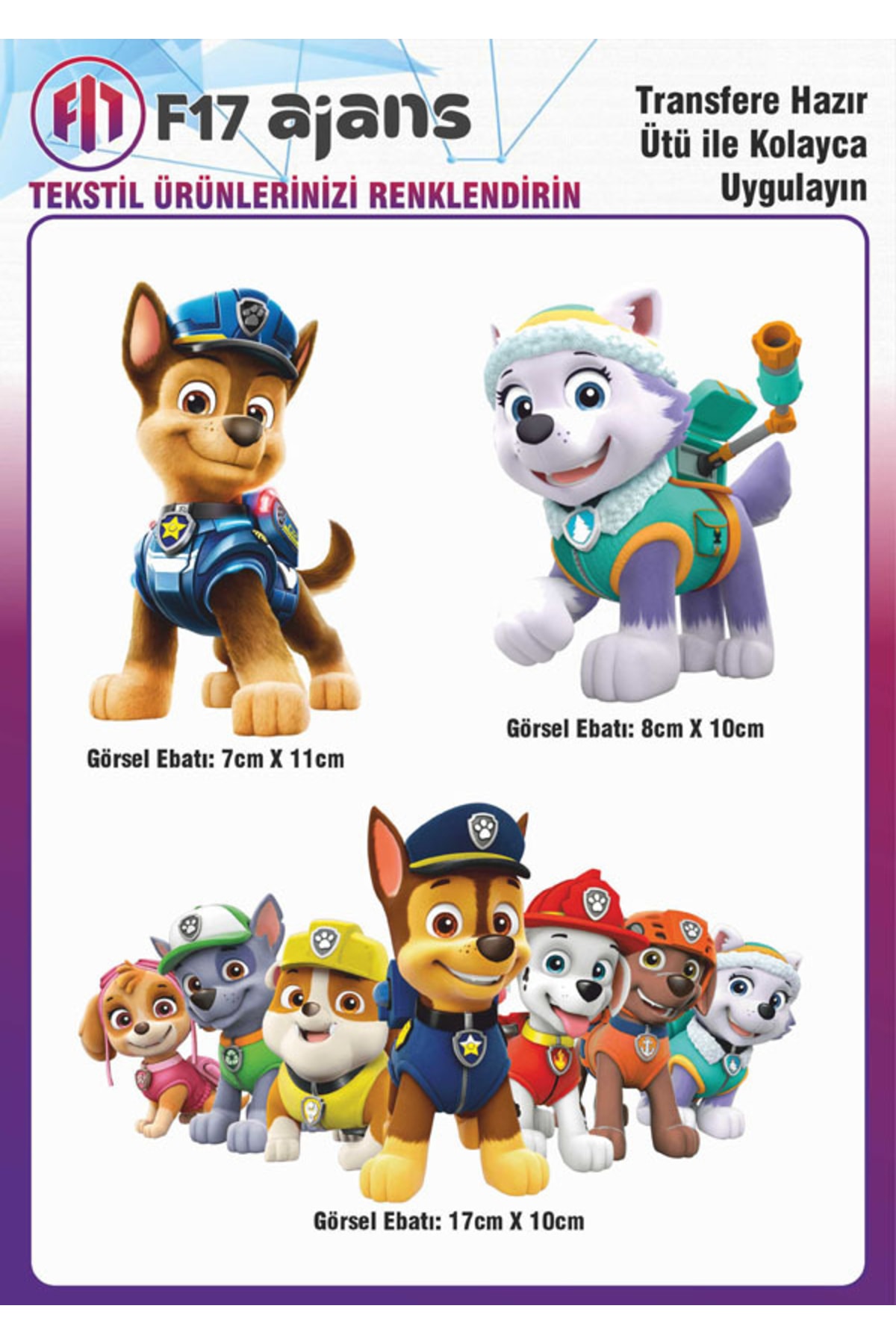 F17 Ajans Ütü Ile Yapışan Tekstil Dtf Baskı Görseli Paw Patrol