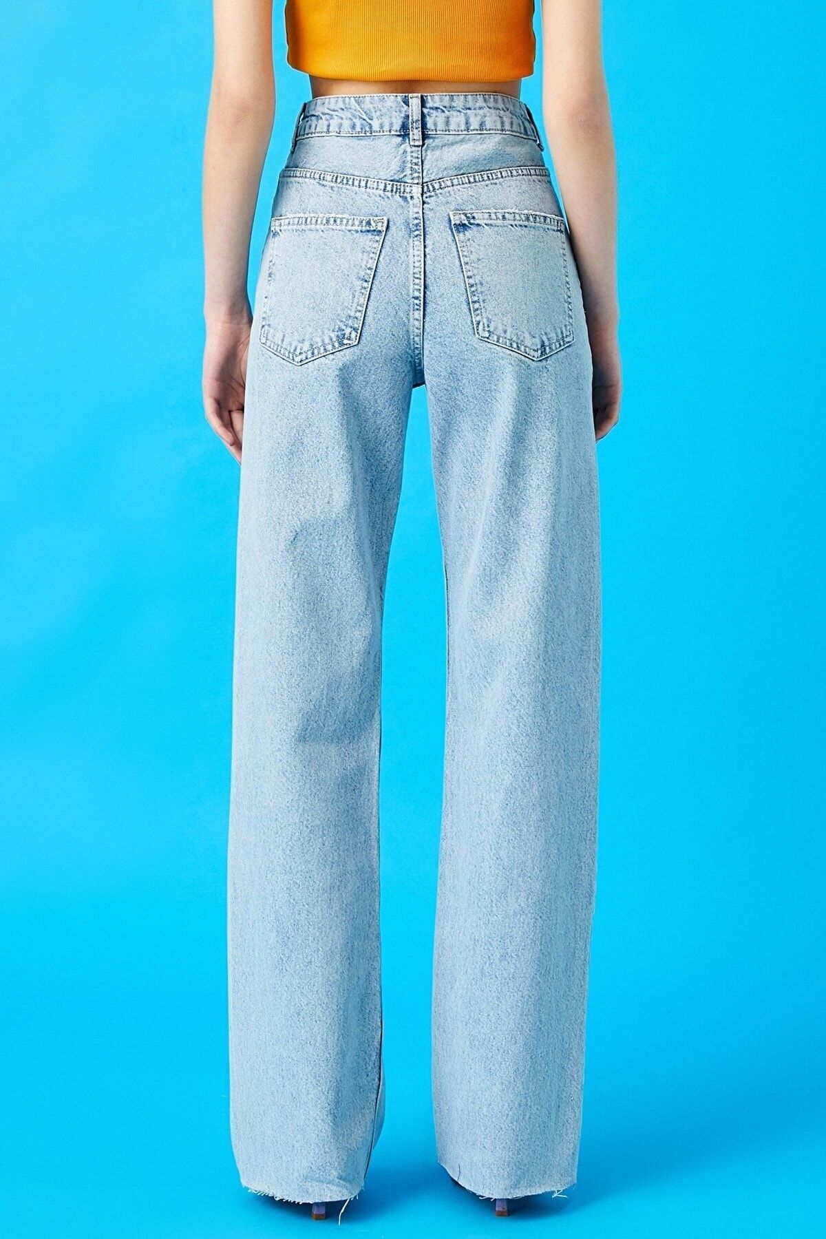 Trn JNS-Hooden Lycra Dámské Ledově Modré Snow Wash Super Vysoký pas Volné nohavice Denim Volné kalhoty Palazzo 6