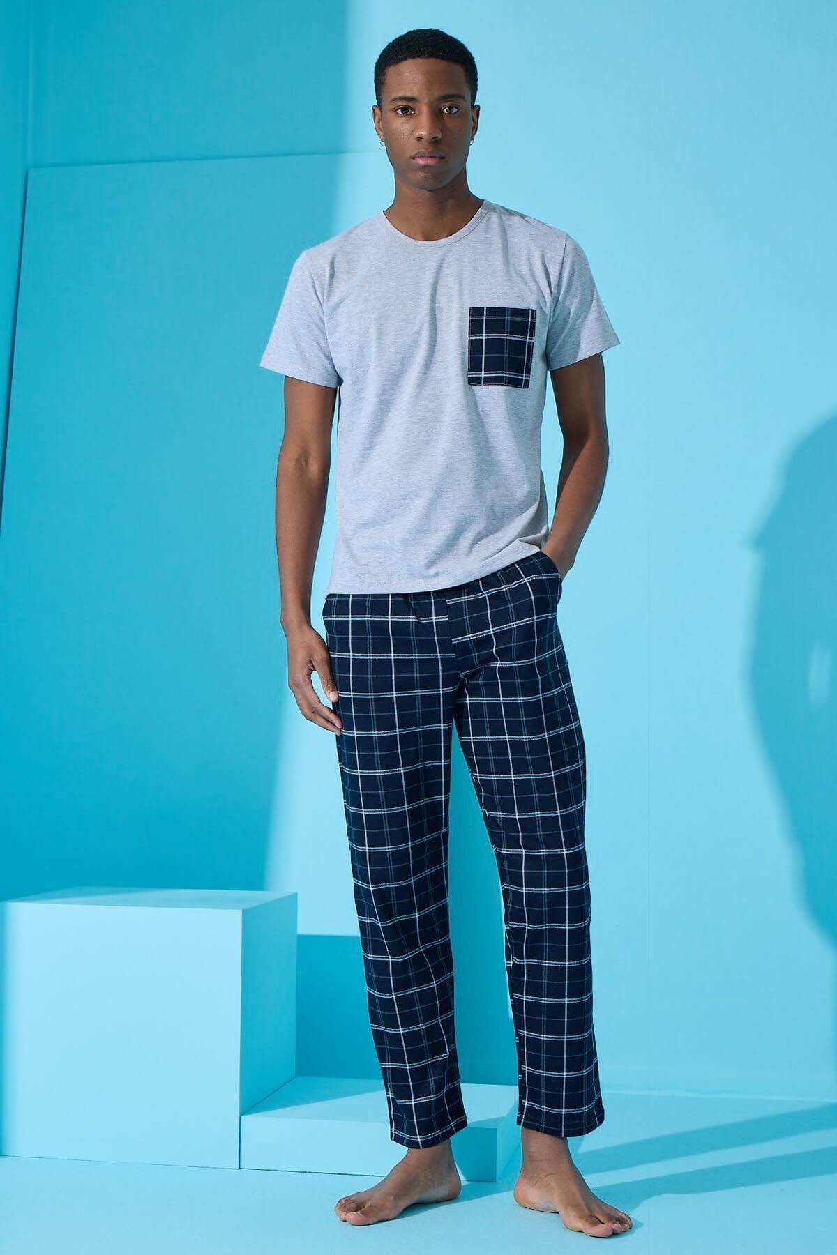 Pijamaevi-Gray Double Line Plaid Patterned Short Sleeve Men's Pajama Set 3