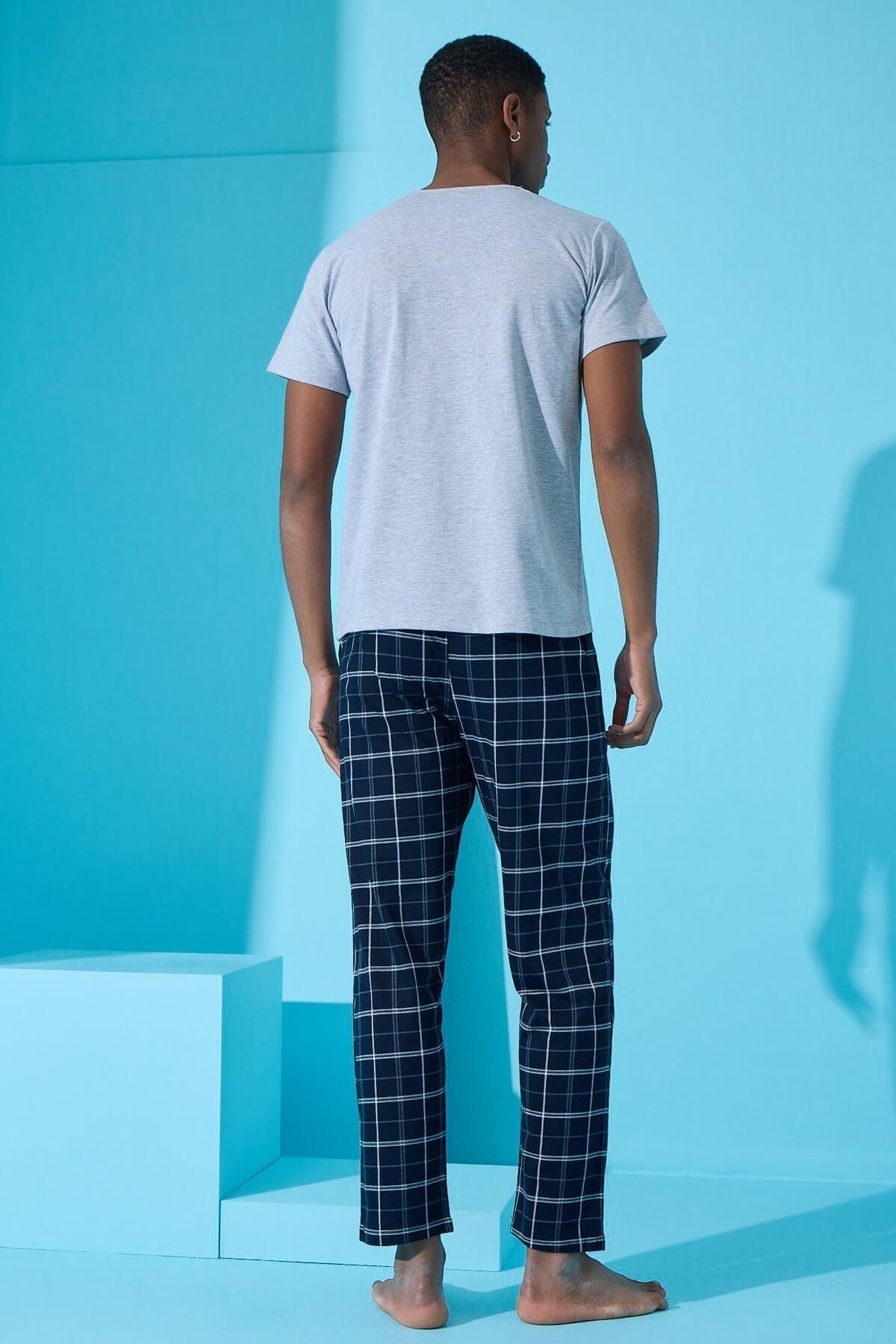 Pijamaevi-Gray Double Line Plaid Patterned Short Sleeve Men's Pajama Set 5