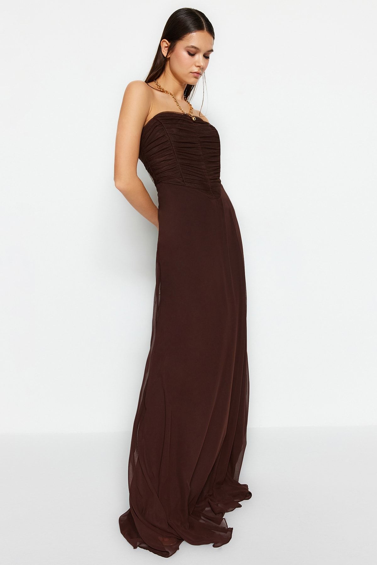 Trendyol Collection-A-Cut Dark Brown Tulle Evening Dress - TPRSS23AE00138 2