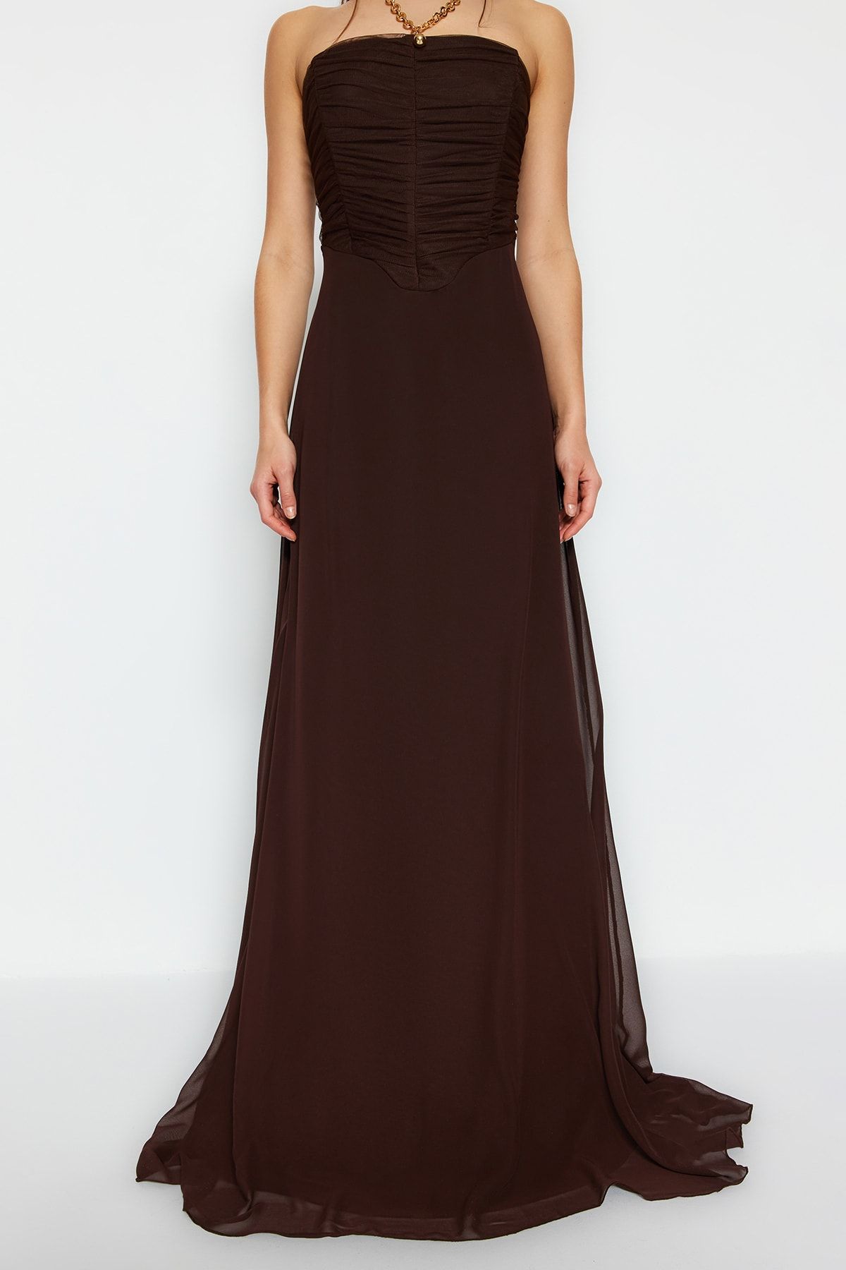 Trendyol Collection-A-Cut Dark Brown Tulle Evening Dress - TPRSS23AE00138 4