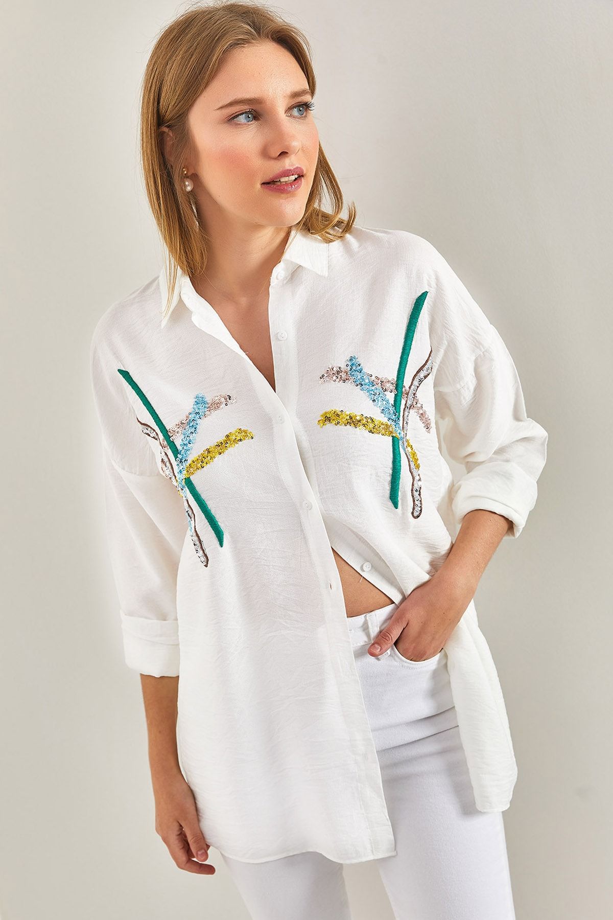Bianco Lucci Women's Sequin Pallet Embroidered Linen Ayrobin Shirt