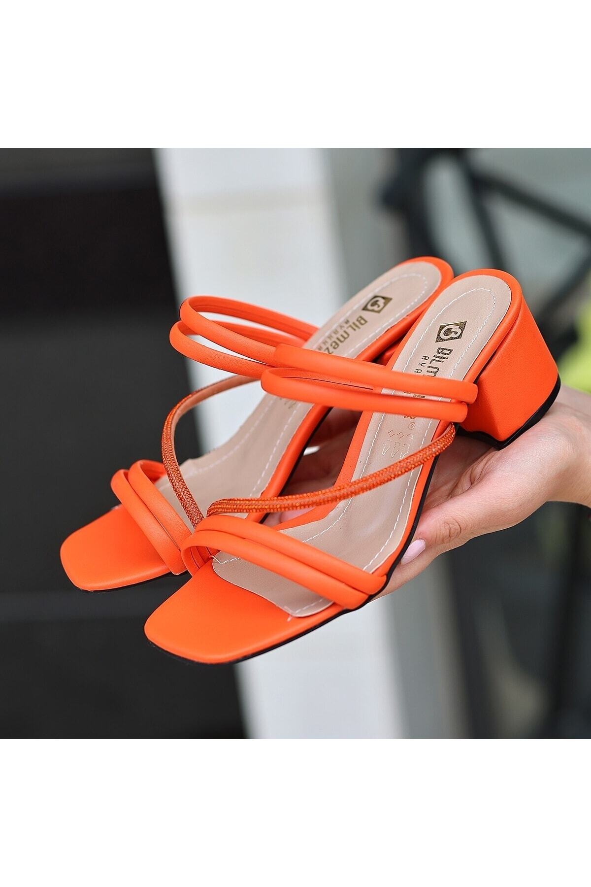 Sarai Turuncu Cilt Boncuklu Topuklu Terlik