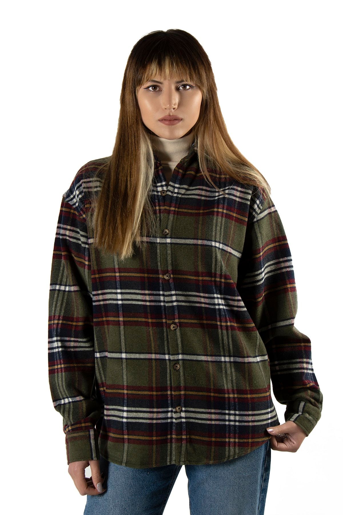 VEAVEN-Women's Khaki-Burgundy Oversize Shirt Collar Lumberjack Plaid Shirt 2
