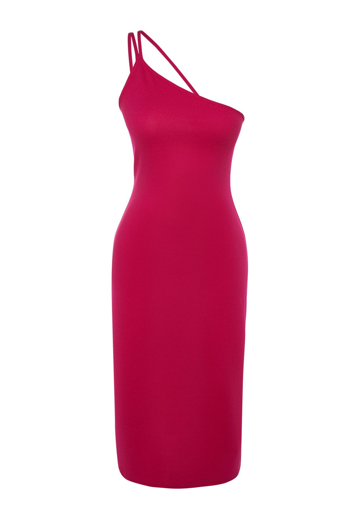 Trendyol Collection-Fuchsia One Shoulder A-Line Midi Smart Crepe Πλεκτό Φόρεμα TWOSS23EL02303 6