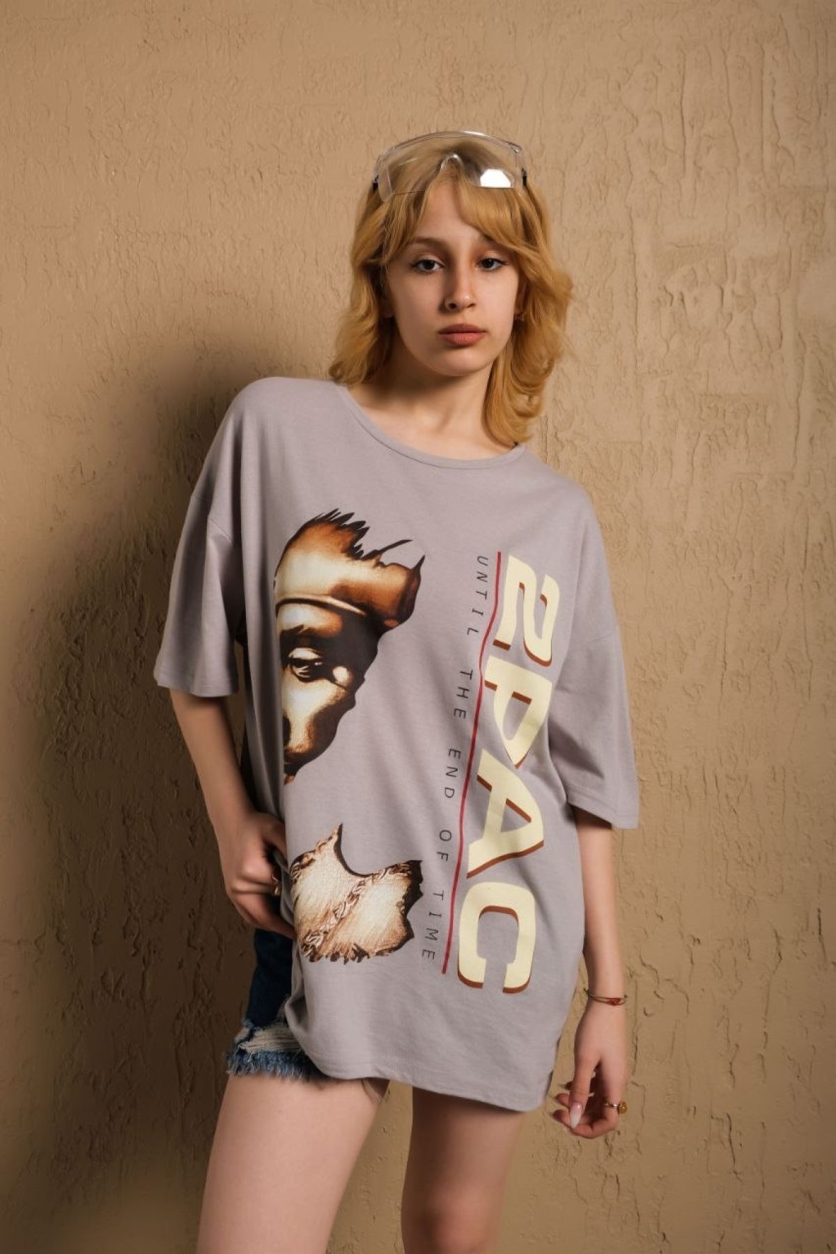 2pac Baskılı Oversize %100 Pamuk Taş Rengi Unisex T-shirt