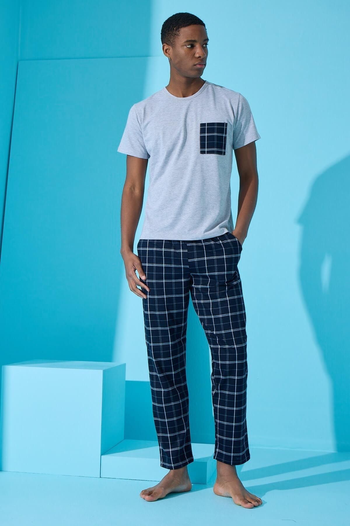 Pijamaevi-Gray Double Line Plaid Patterned Short Sleeve Men's Pajama Set 4