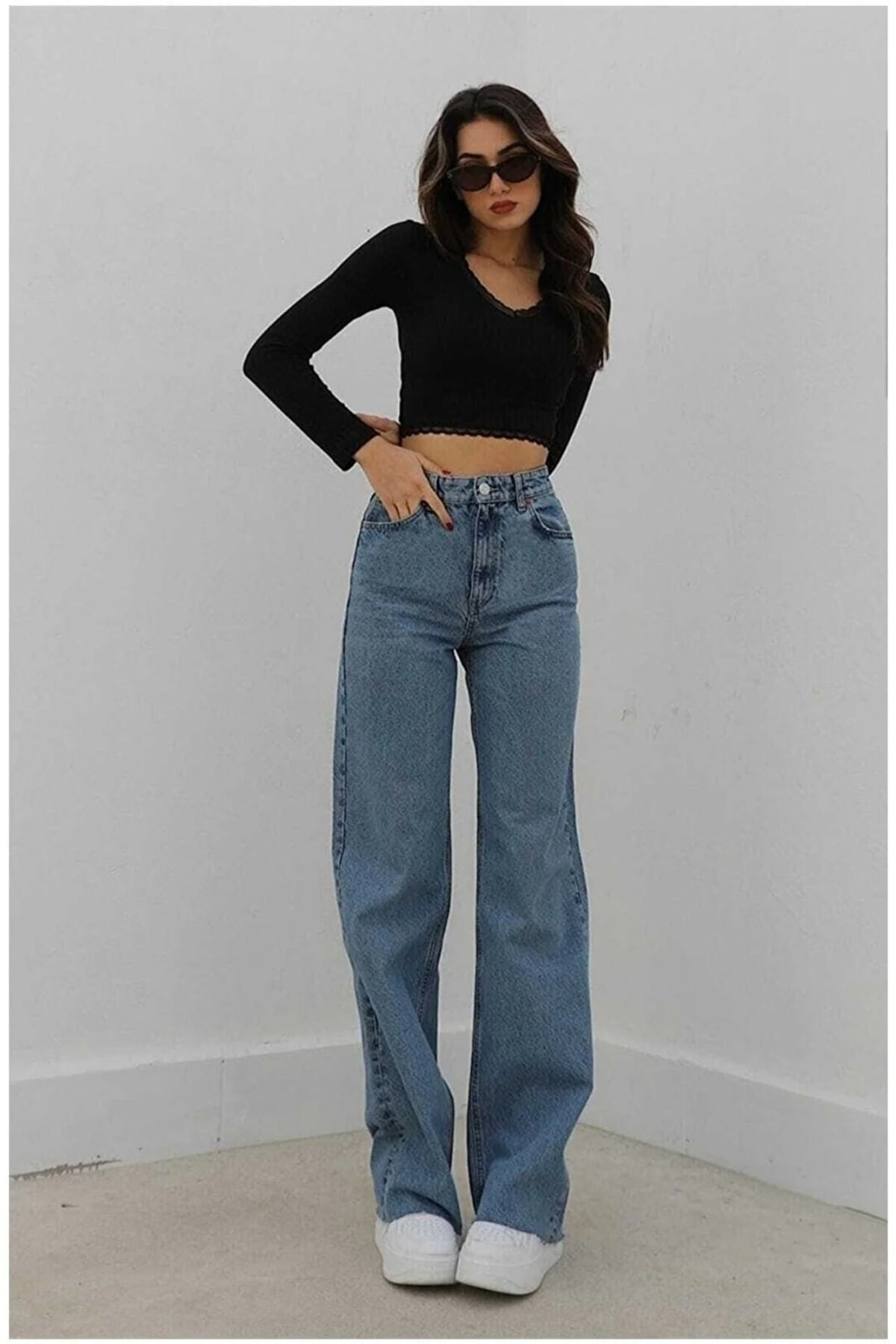 SANTA BELLA  Jili 90's Mavi Kar Yıkama Palazzo Jean Kadın Wide Leg Solmaz Toparlayıcı Kot Pantolon - Görsel 2