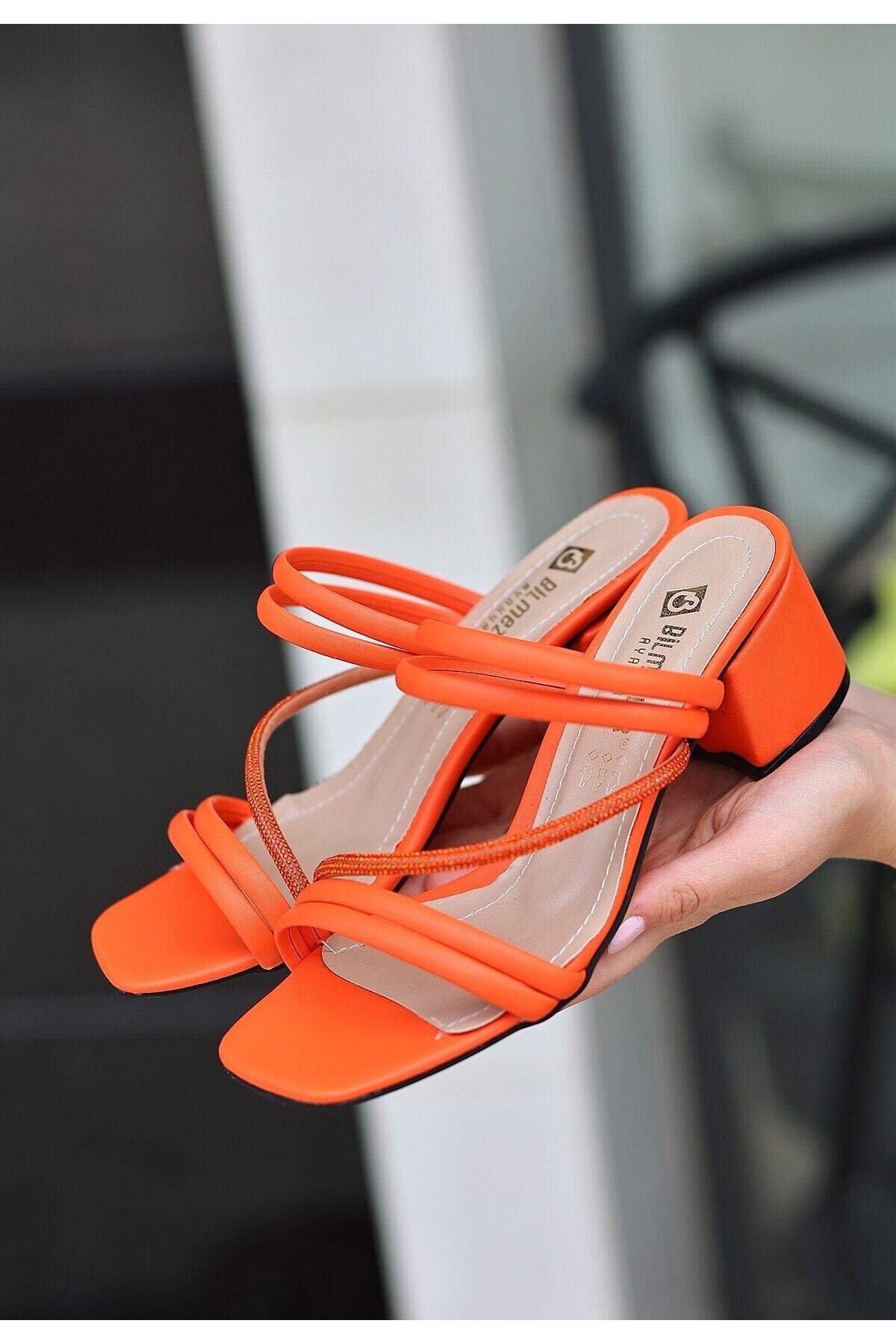 Sarai Turuncu Cilt Boncuklu Topuklu Terlik