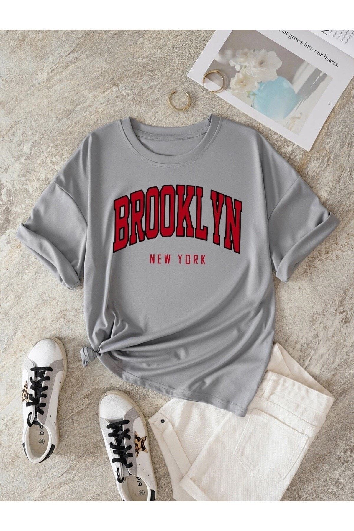 Machetta Tricou Oversize Unisex Din Bumbac, Cu Imprimeu Roșu Brooklyn New York, Mărime Mare Unisex - L