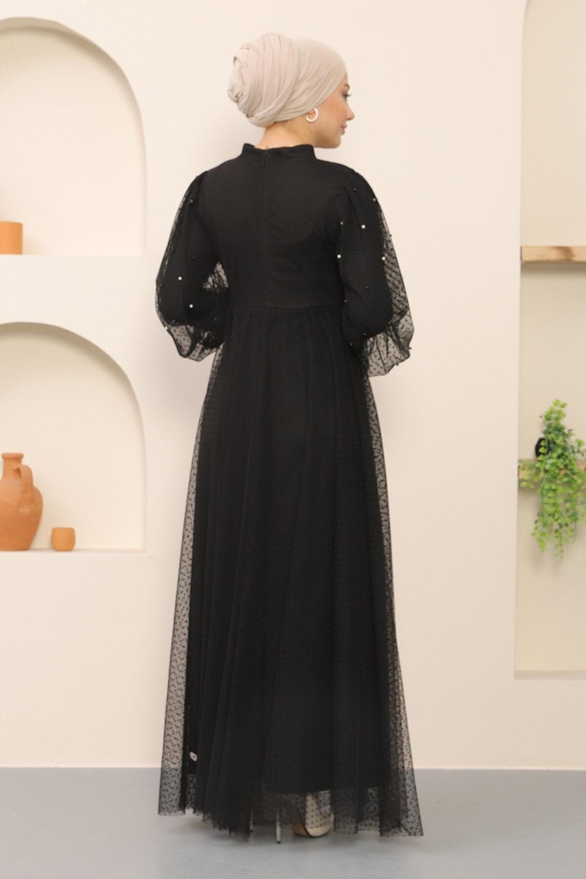 Modamihram-Rochie de seara din tul cu perle neagra 12238 5