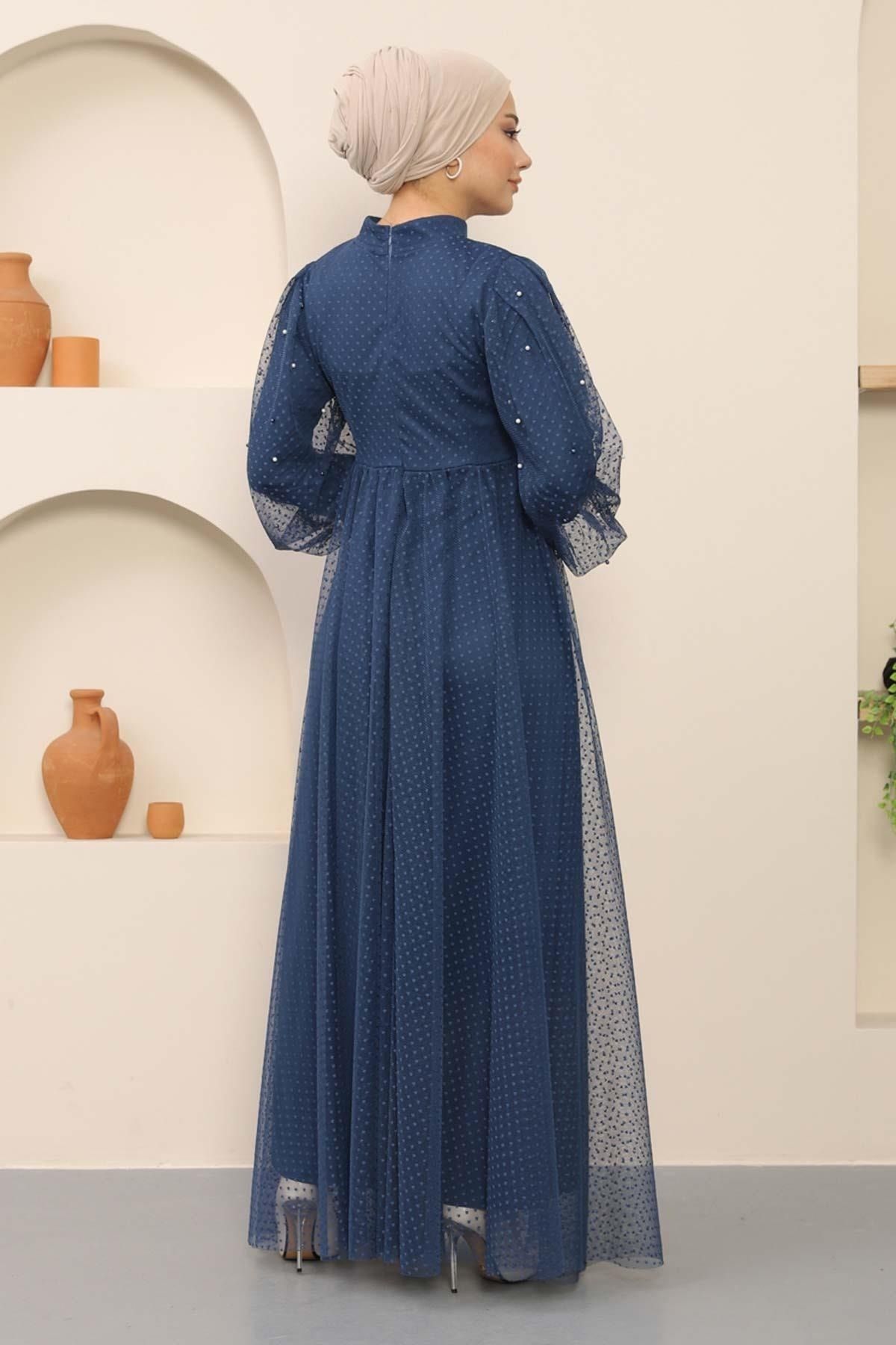 Modamihram-Pearl Detailed Tulle Evening Dress Indigo 12238 5