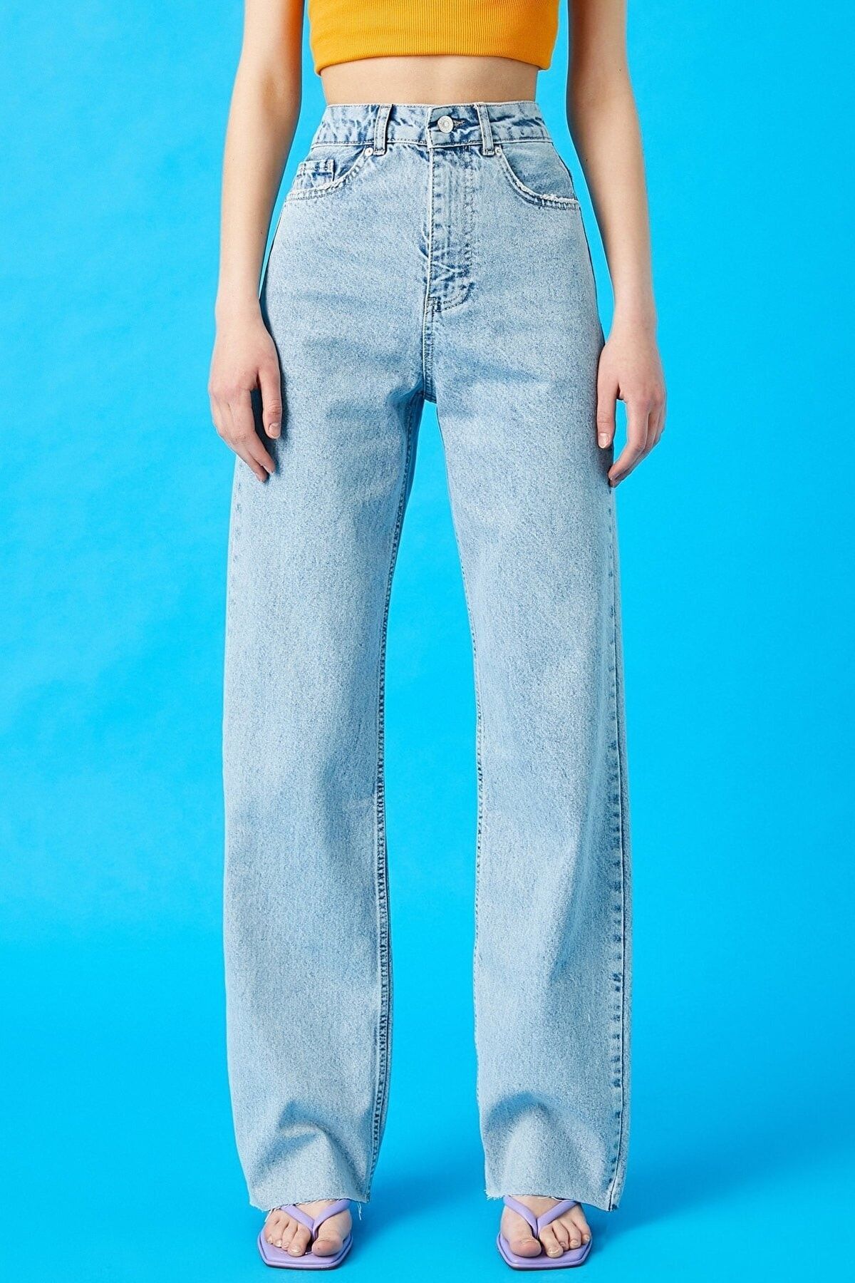 Trn JNS-Hooden Lycra Dámské Ledově Modré Snow Wash Super Vysoký pas Volné nohavice Denim Volné kalhoty Palazzo 4
