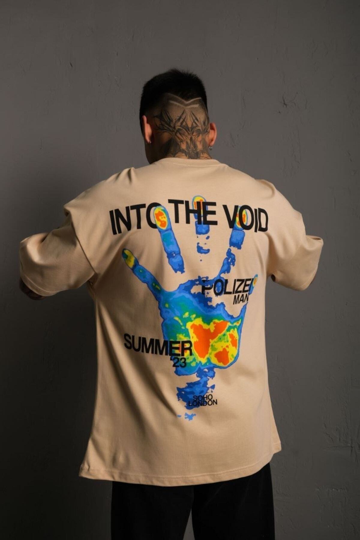 Into The Void Baskılı Oversize %100pamuk Unisex Bej T-shirt